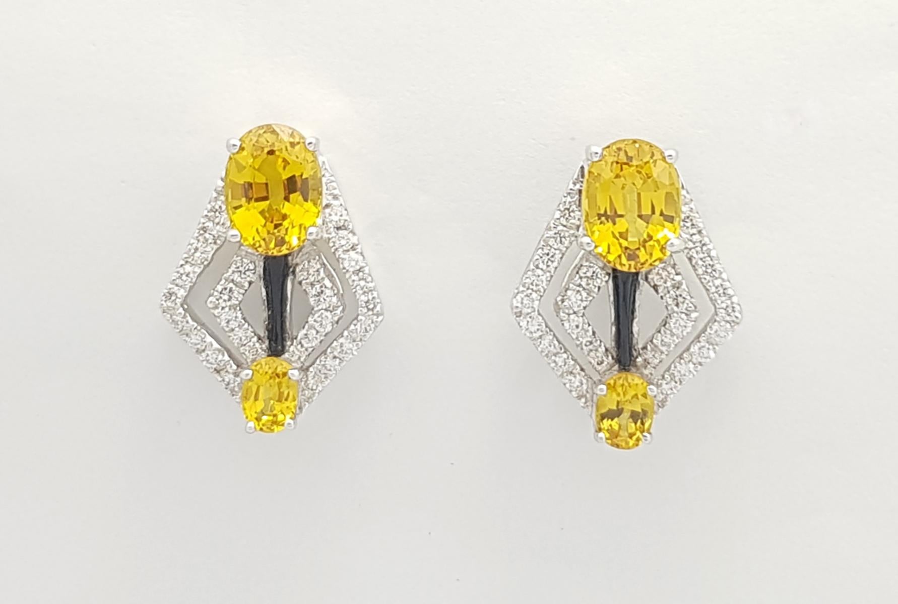Art Deco Yellow Sapphire with Diamond Earrings Set in 18 Karat White Gold Settings For Sale