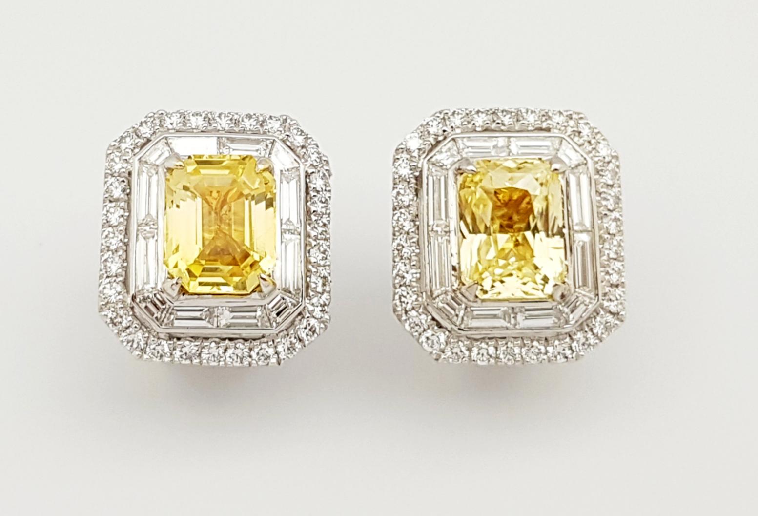 Contemporain Boucles d'oreilles en or blanc 18 carats avec saphir jaune et diamant en vente