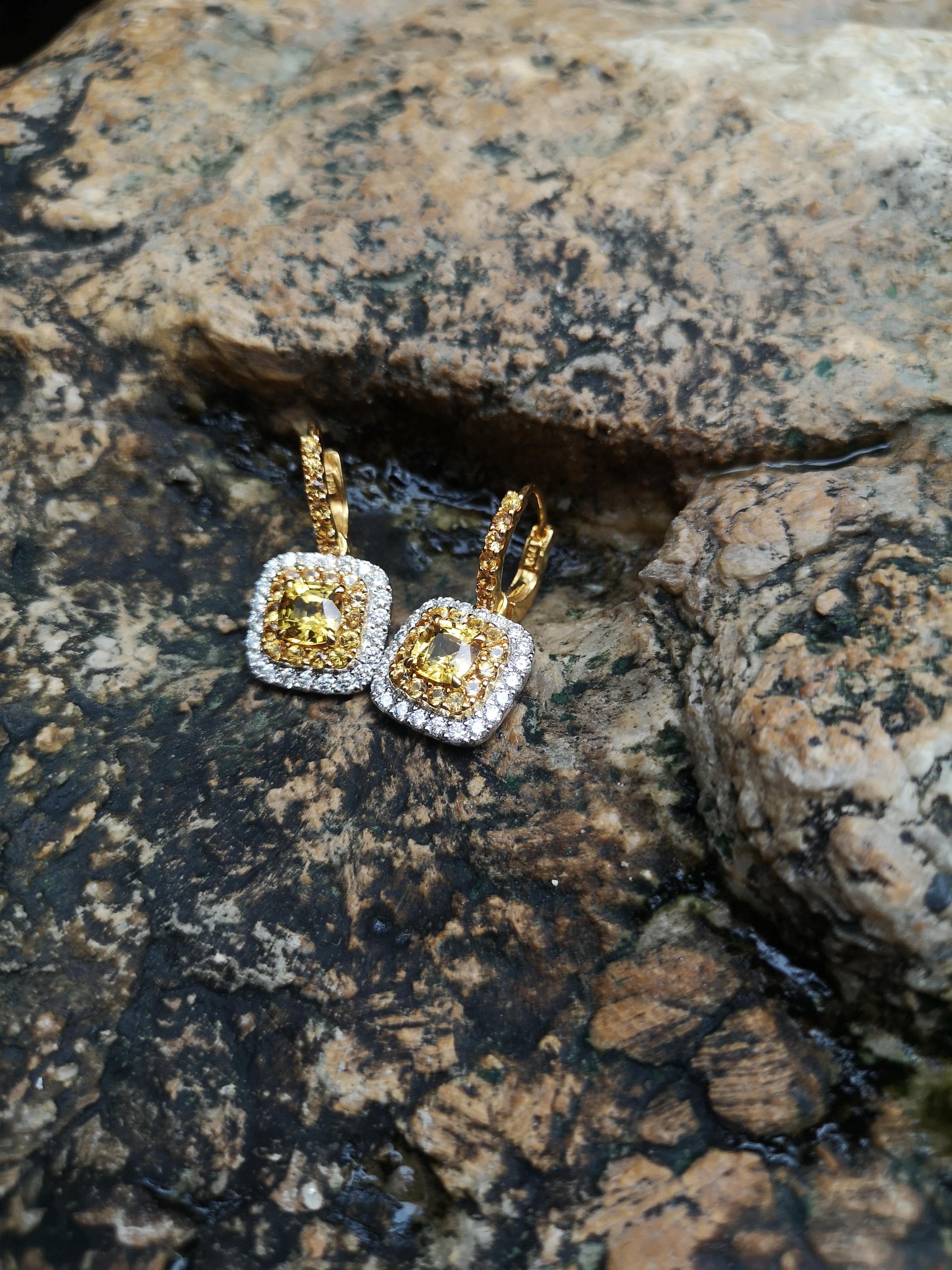 Women's or Men's Yellow Sapphire with Diamond Earrings Set in 18 Karat White Gold Settings For Sale