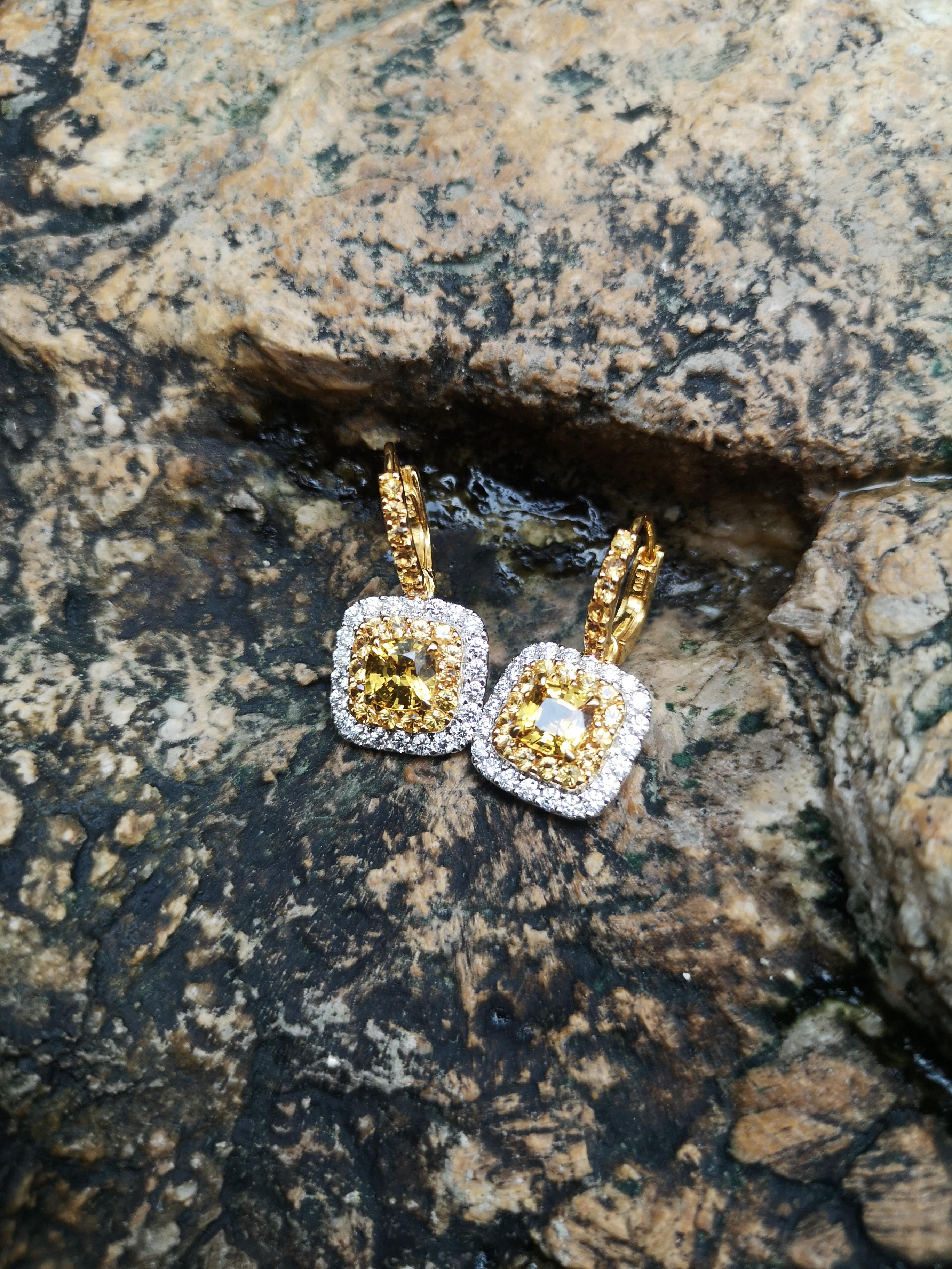 Yellow Sapphire with Diamond Earrings Set in 18 Karat White Gold Settings For Sale 1