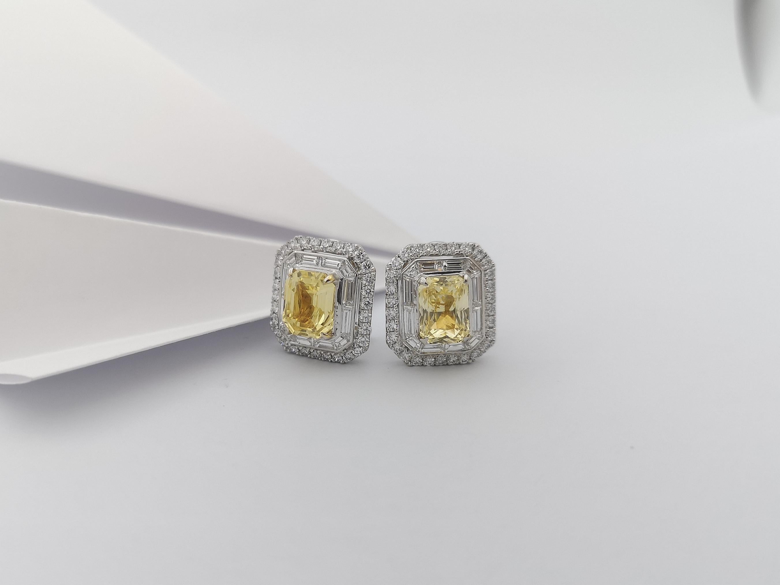 Boucles d'oreilles en or blanc 18 carats avec saphir jaune et diamant en vente 3