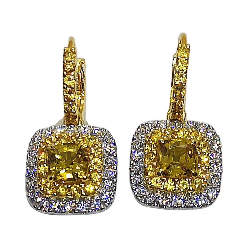 Yellow Sapphire with Diamond Earrings Set in 18 Karat White Gold Settings For Sale