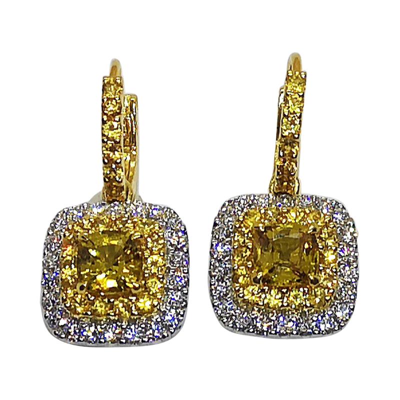 Yellow Sapphire with Diamond Earrings Set in 18 Karat White Gold Settings