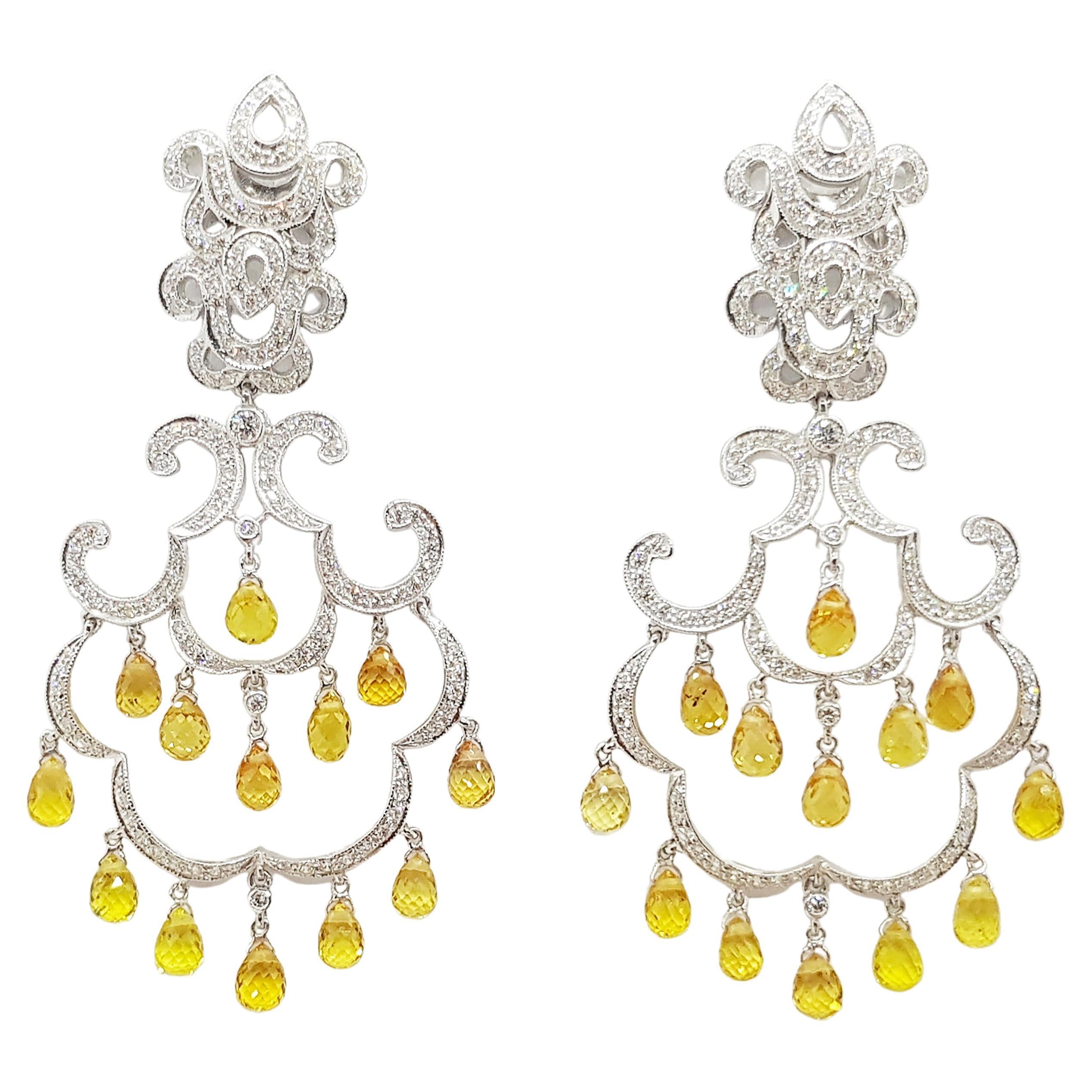 Yellow Sapphire with Diamond Earrings Set in 18 Karat White Gold Settings