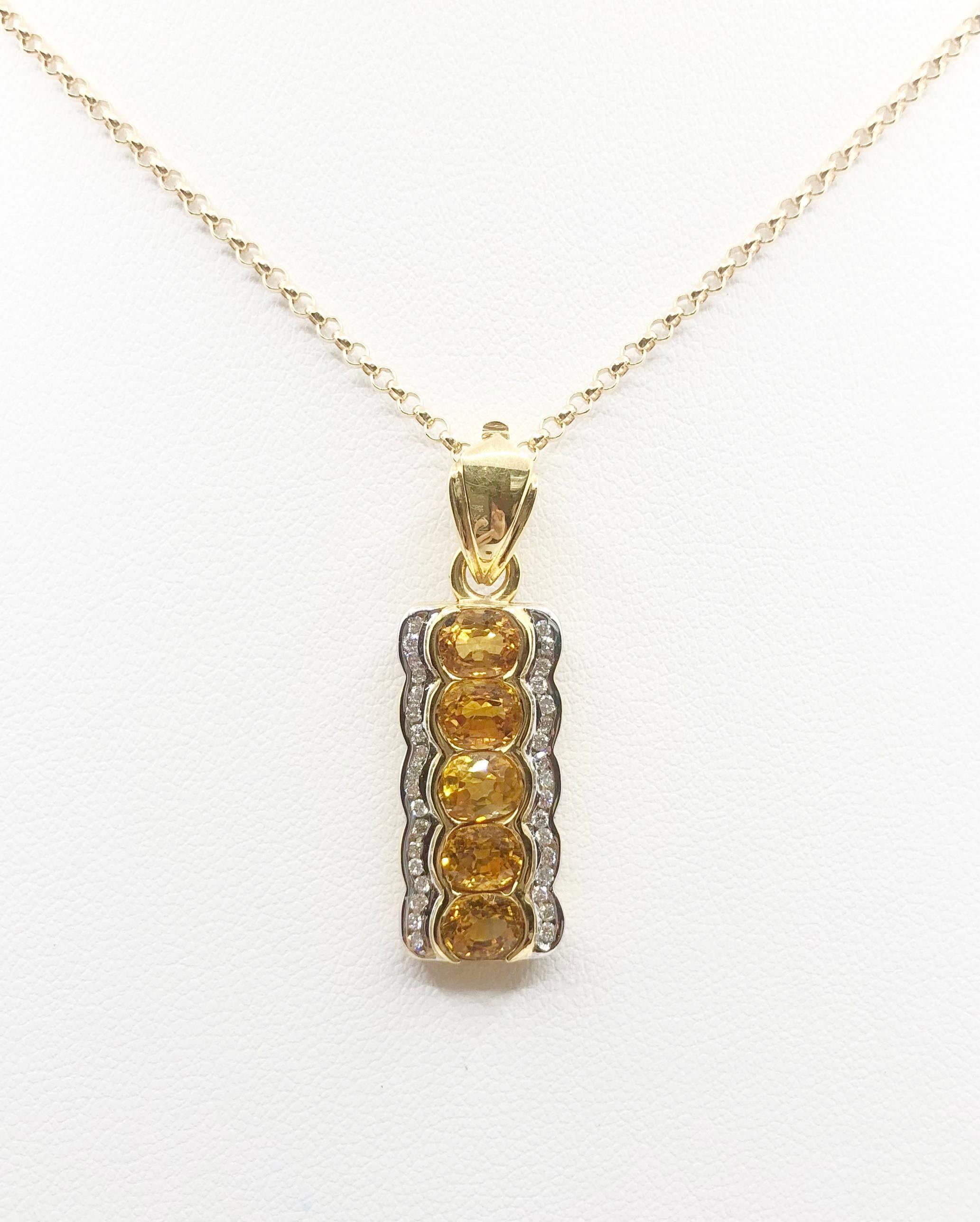 Yellow Sapphire 3.94 carats with Diamond 0.27 carat Pendant set in 18 Karat Gold Settings
(chain not included)

Width: 1.1 cm 
Length: 3.3 cm
Total Weight: 6.41 grams

