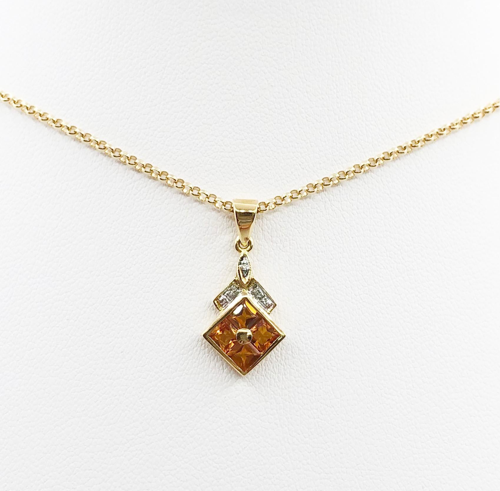 Yellow sapphire 0.84 carat with Diamond 0.02 carat Pendant set in 18 Karat Gold Settings
(chain not included)

Width: 1.1 cm 
Length: 2.3 cm
Total Weight: 2.04 grams

