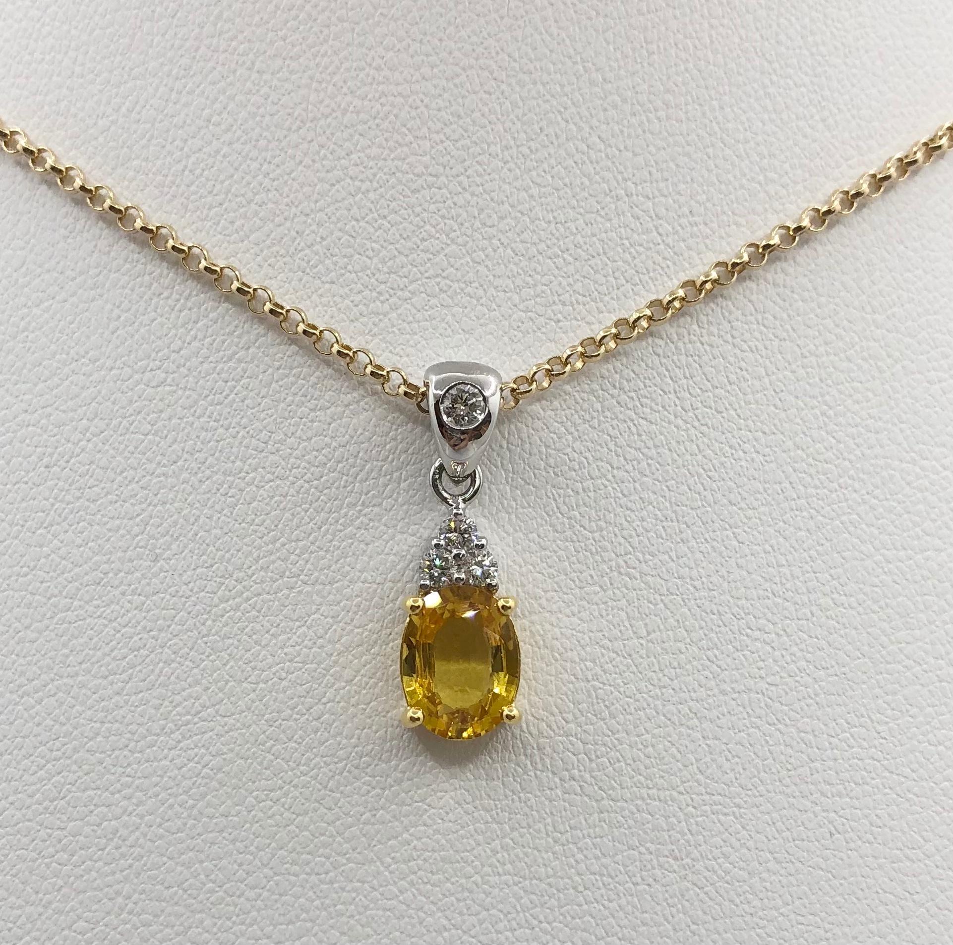Yellow Sapphire 1.64 carats with Diamond 0.18 carat Pendant set in 18 Karat White Gold Settings
(chain not included)

Width: 0.7 cm 
Length: 2.0 cm
Total Weight: 2.55 grams

