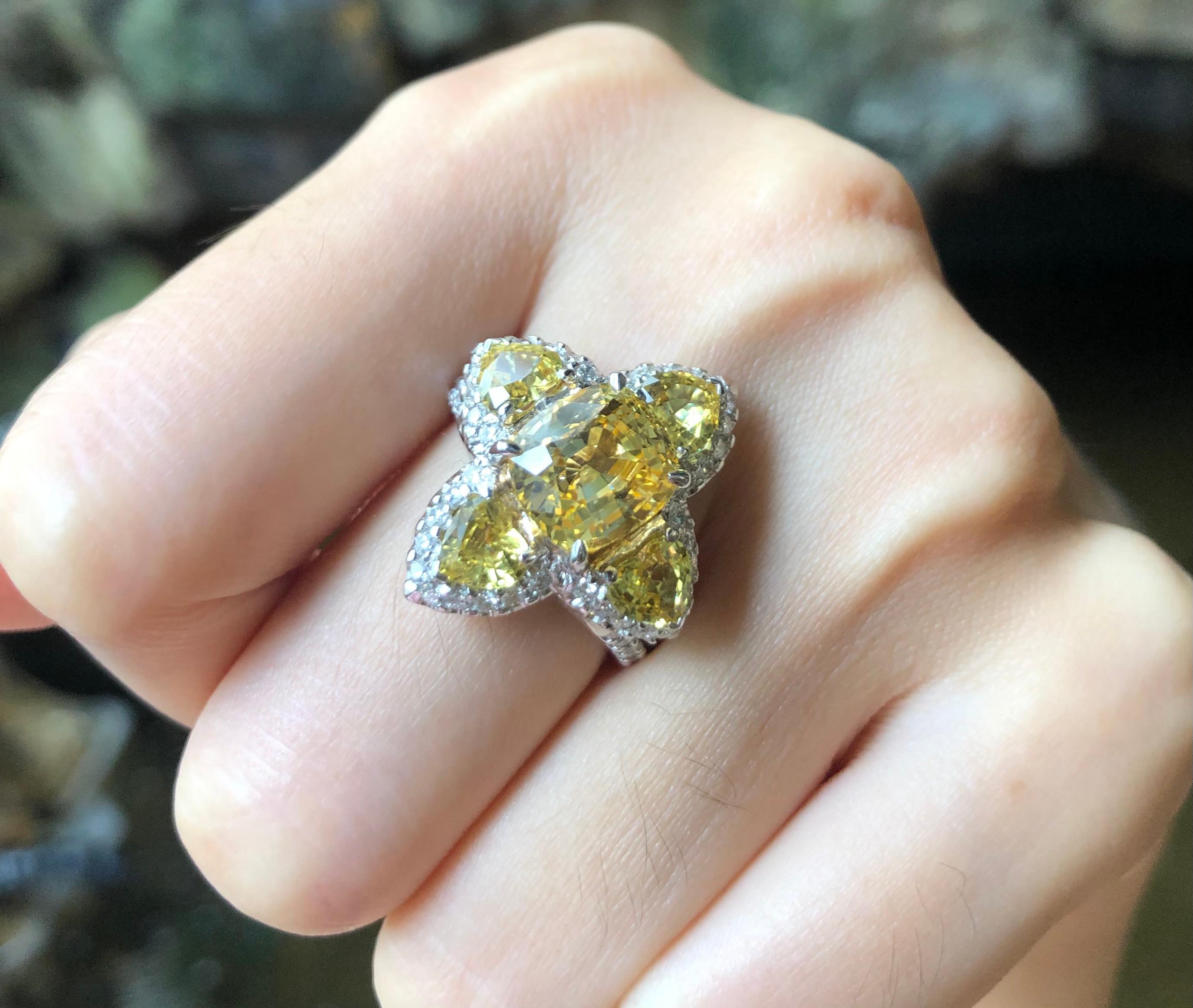Cushion Cut Yellow Sapphire with Diamond Ring Set in 18 Karat White Gold For Sale