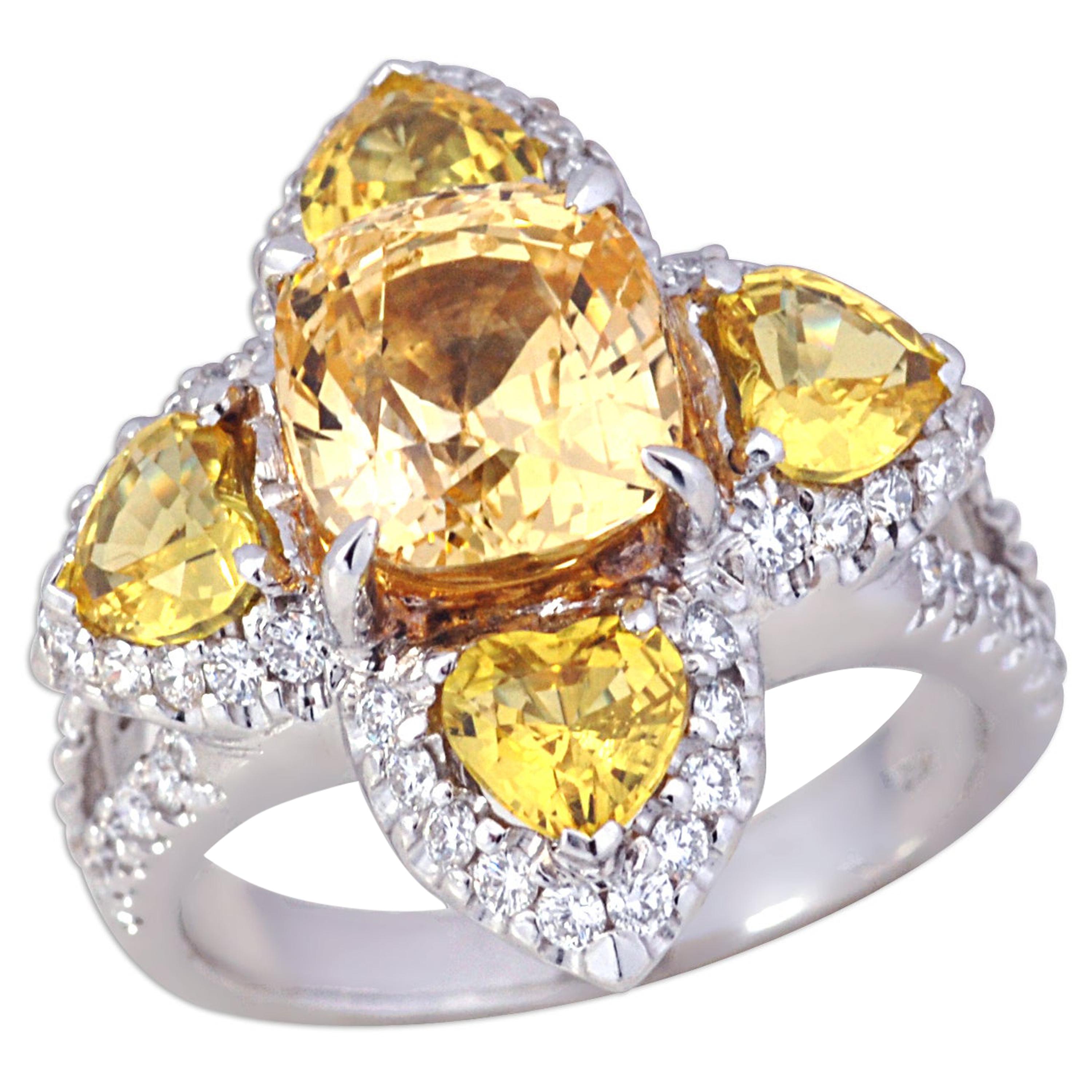 Yellow Sapphire with Diamond Ring Set in 18 Karat White Gold For Sale