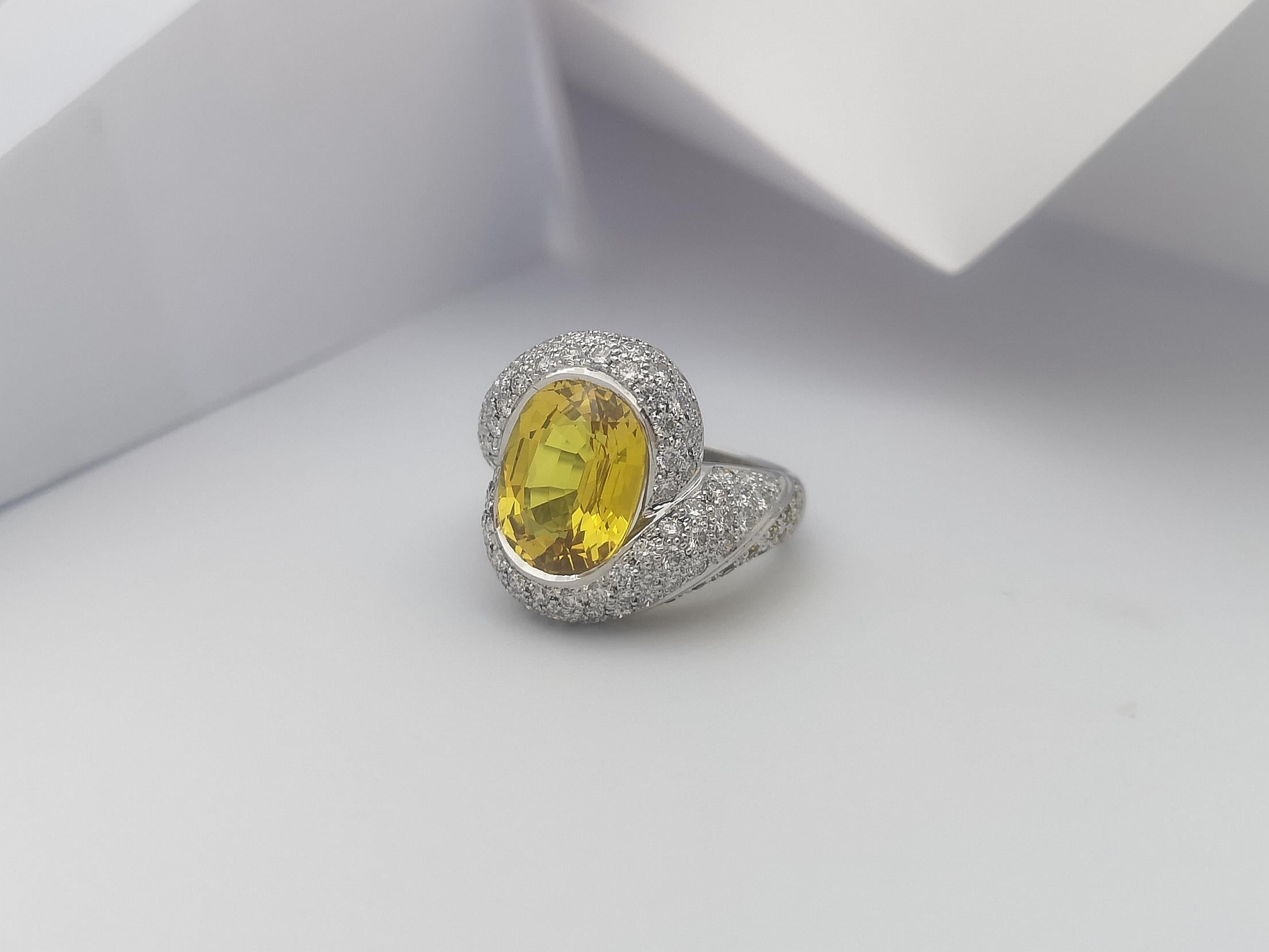 Yellow Sapphire with Diamond Ring Set in 18 Karat White Gold Settings For Sale 4