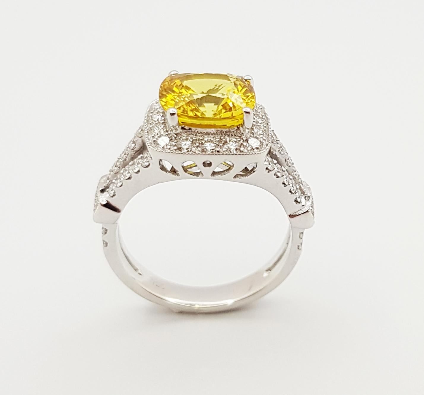 Yellow Sapphire with Diamond Ring Set in 18 Karat White Gold Settings For Sale 4