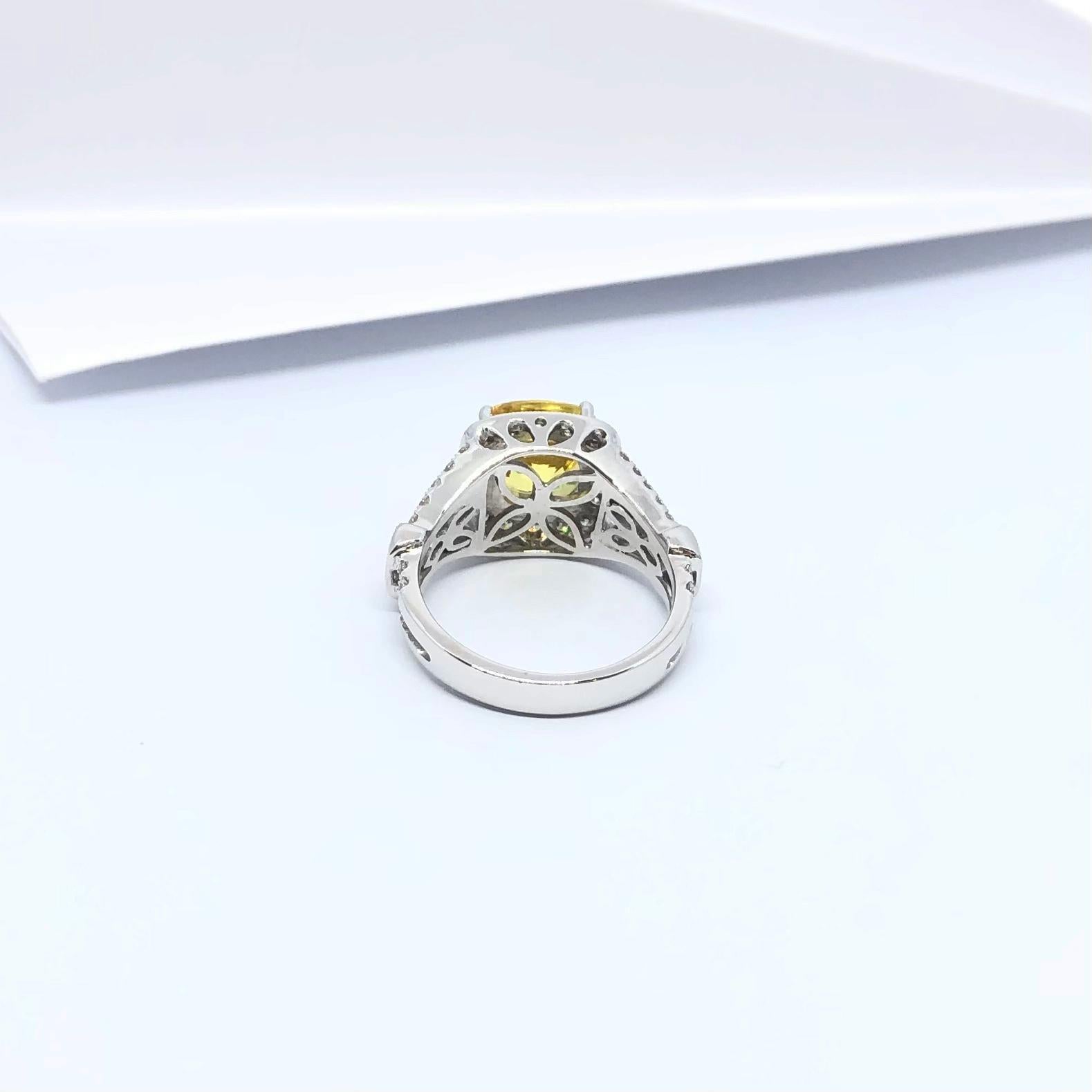 Yellow Sapphire with Diamond Ring Set in 18 Karat White Gold Settings For Sale 6