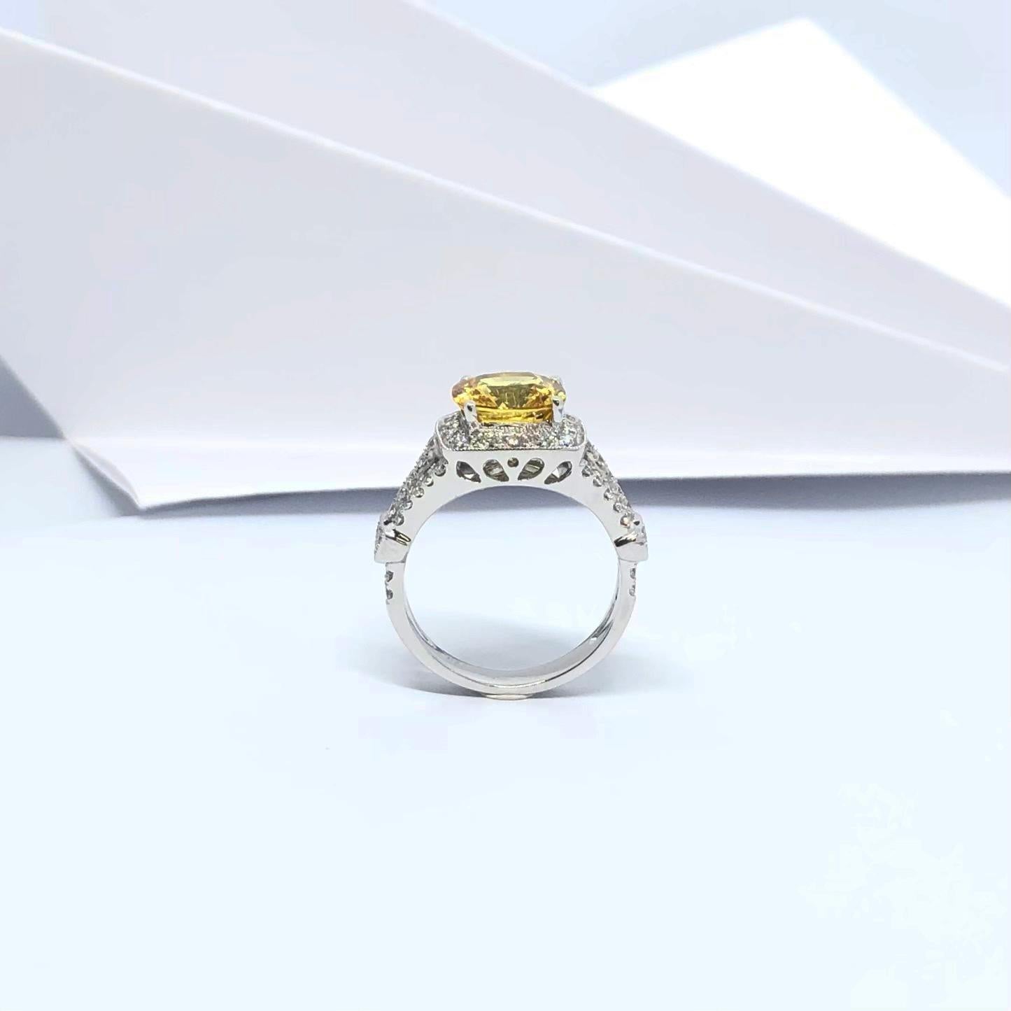 Yellow Sapphire with Diamond Ring Set in 18 Karat White Gold Settings For Sale 7