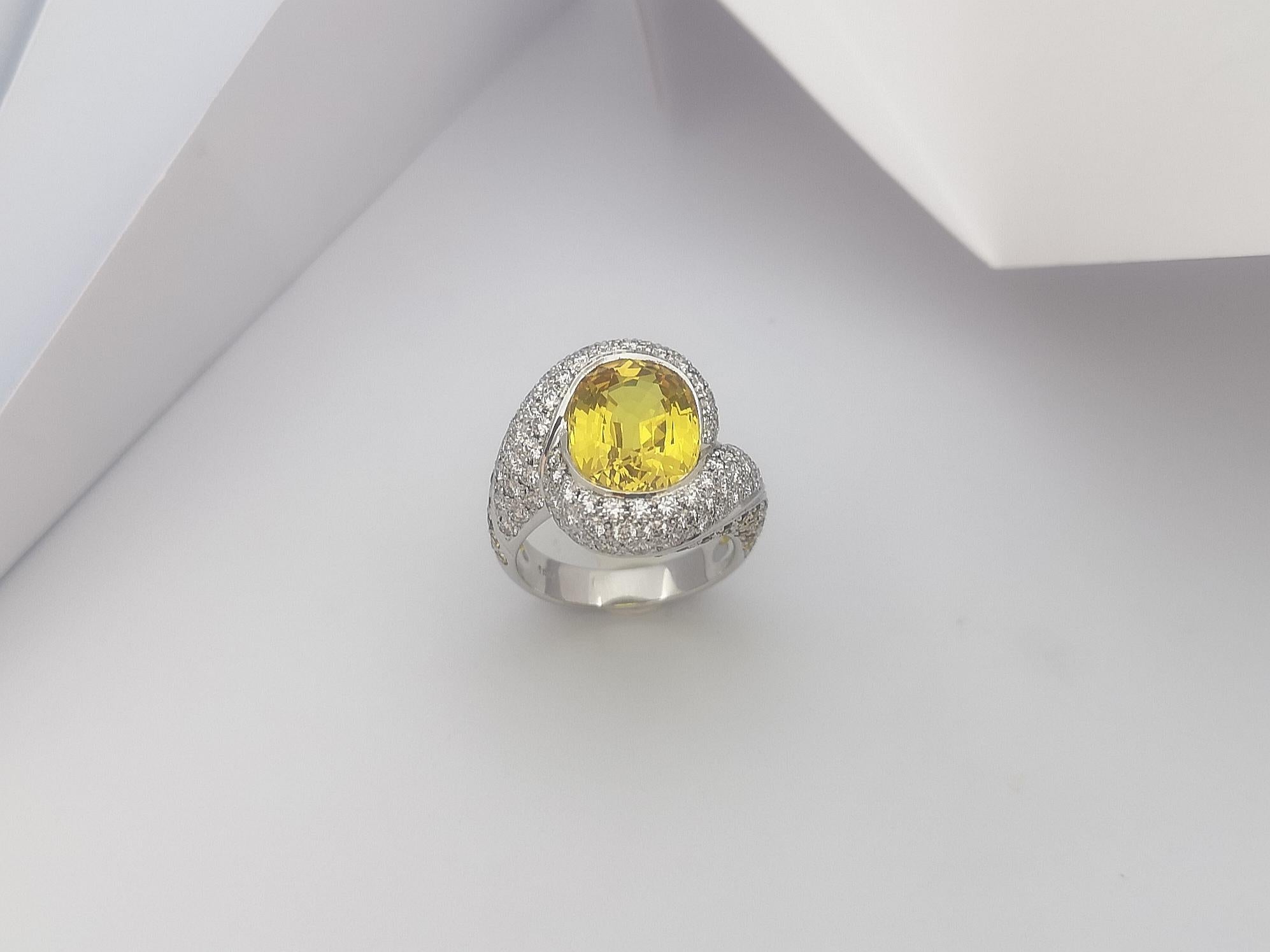 Yellow Sapphire with Diamond Ring Set in 18 Karat White Gold Settings For Sale 8