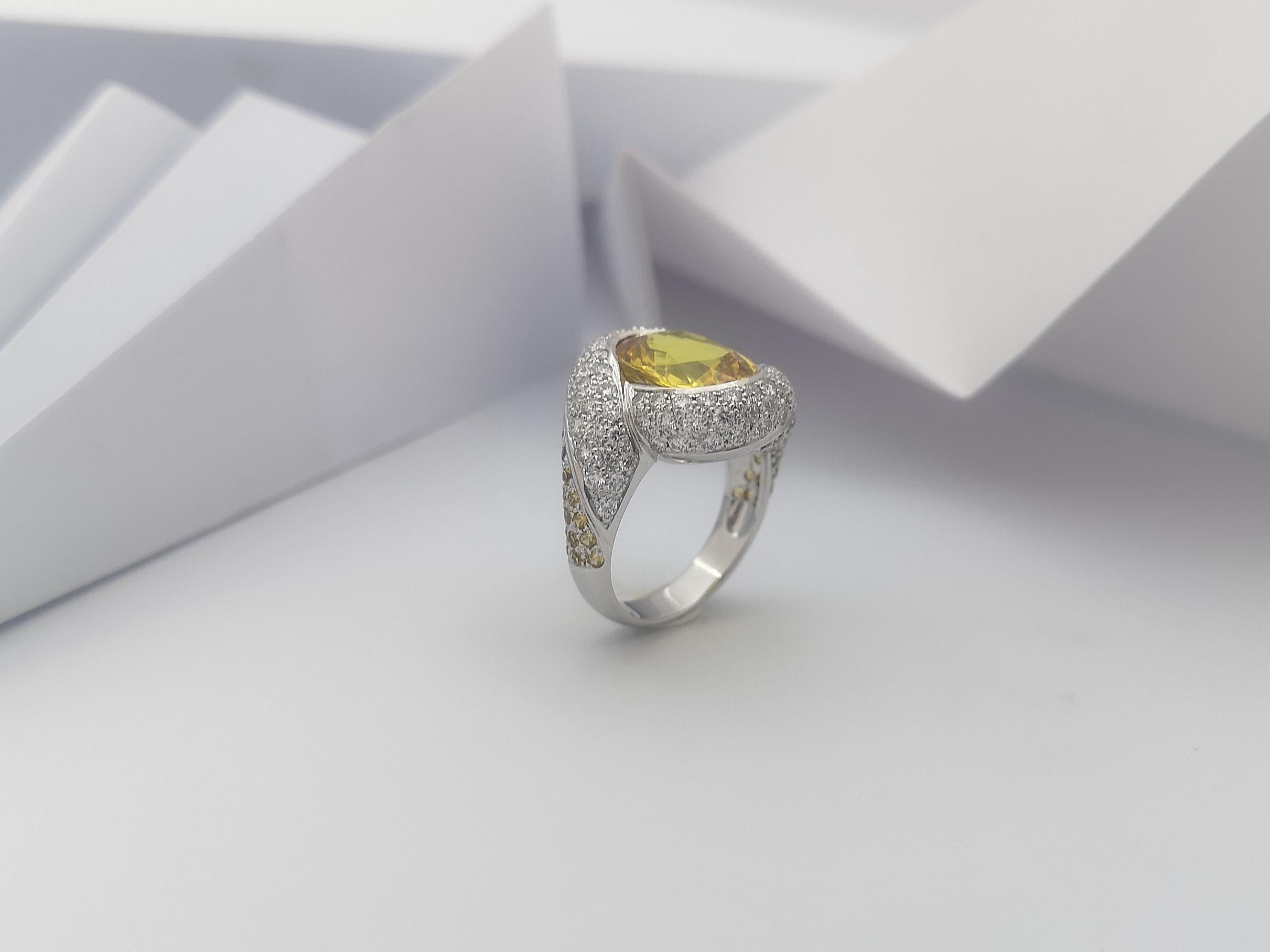 Yellow Sapphire with Diamond Ring Set in 18 Karat White Gold Settings For Sale 9