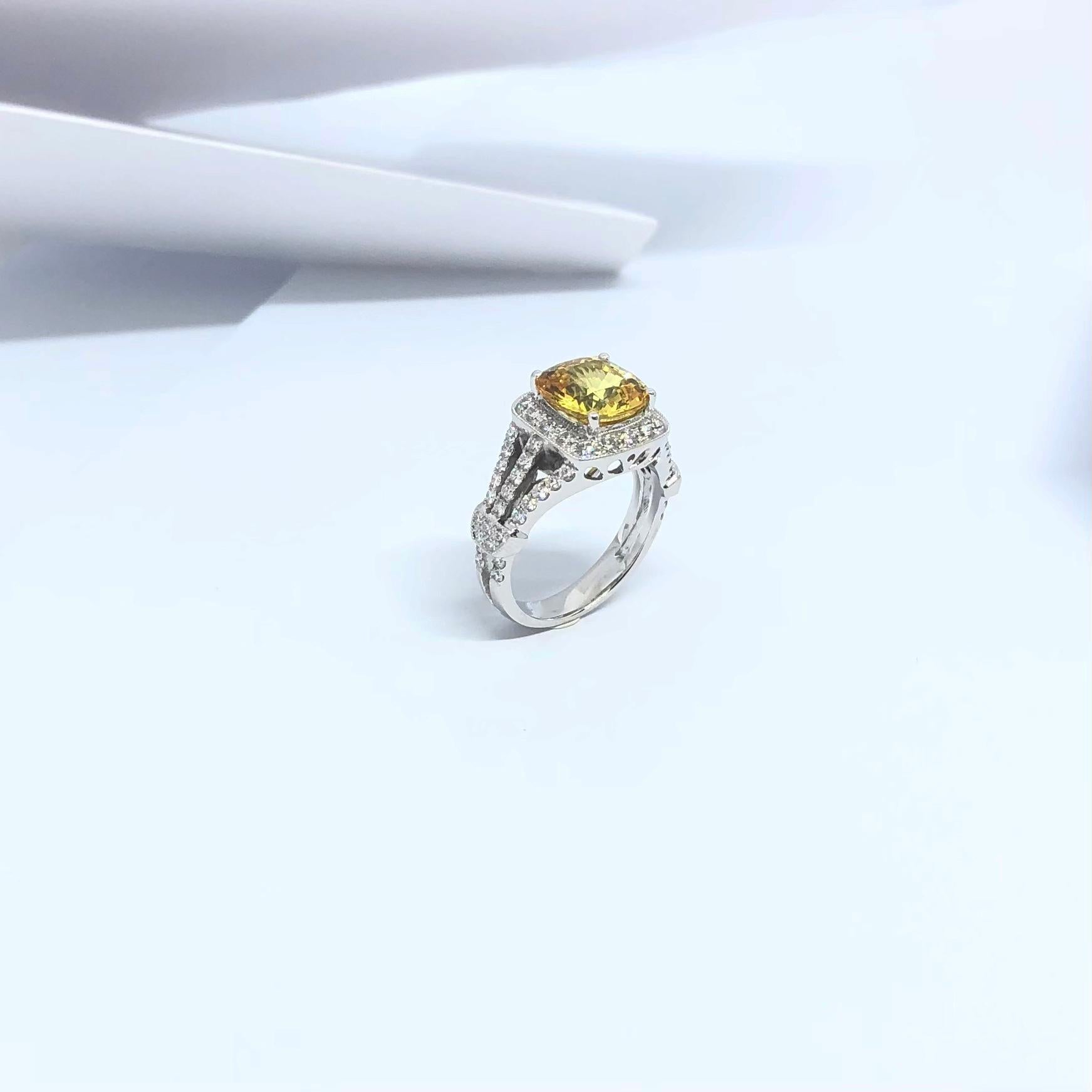 Yellow Sapphire with Diamond Ring Set in 18 Karat White Gold Settings For Sale 9