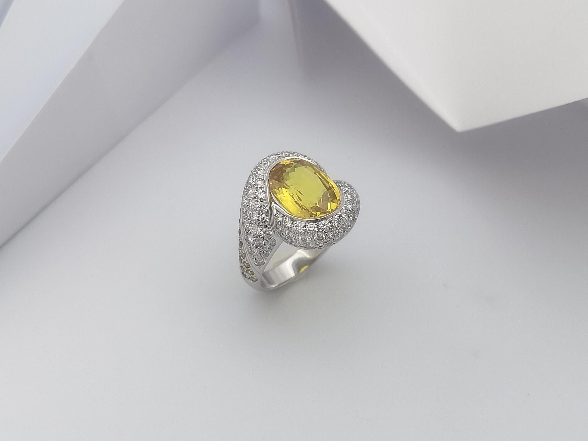 Yellow Sapphire with Diamond Ring Set in 18 Karat White Gold Settings For Sale 10