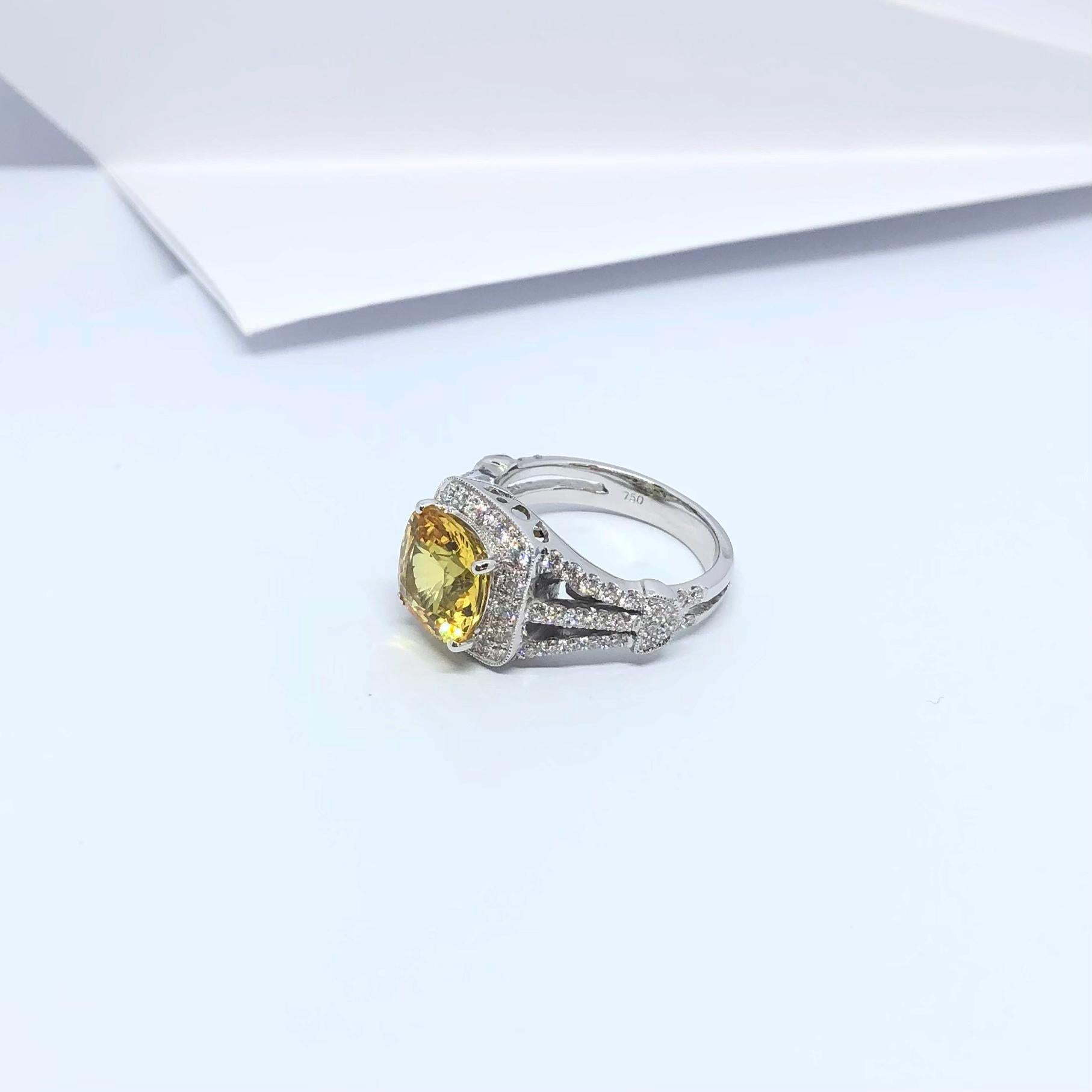 Yellow Sapphire with Diamond Ring Set in 18 Karat White Gold Settings For Sale 10