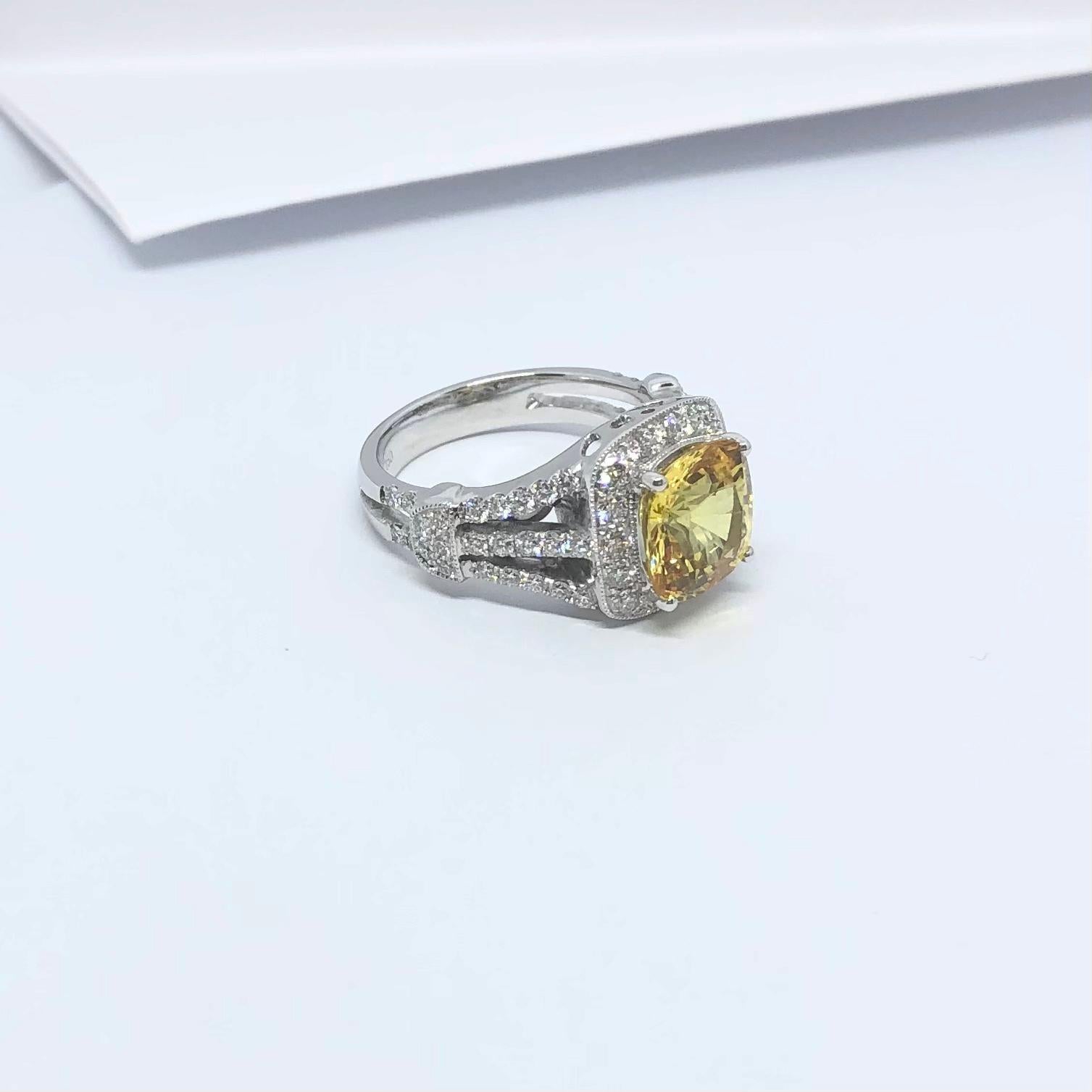Yellow Sapphire with Diamond Ring Set in 18 Karat White Gold Settings For Sale 11