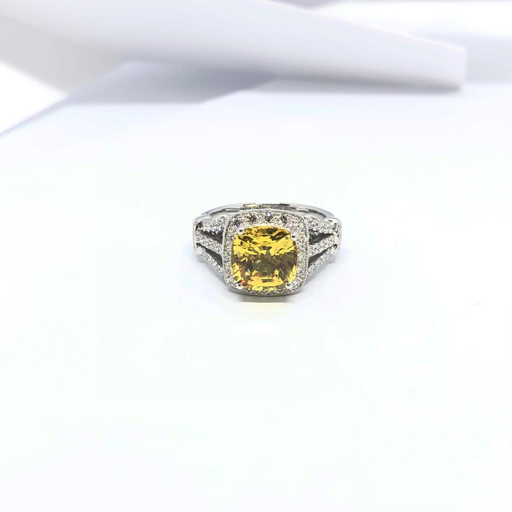 Yellow Sapphire with Diamond Ring Set in 18 Karat White Gold Settings For Sale 13