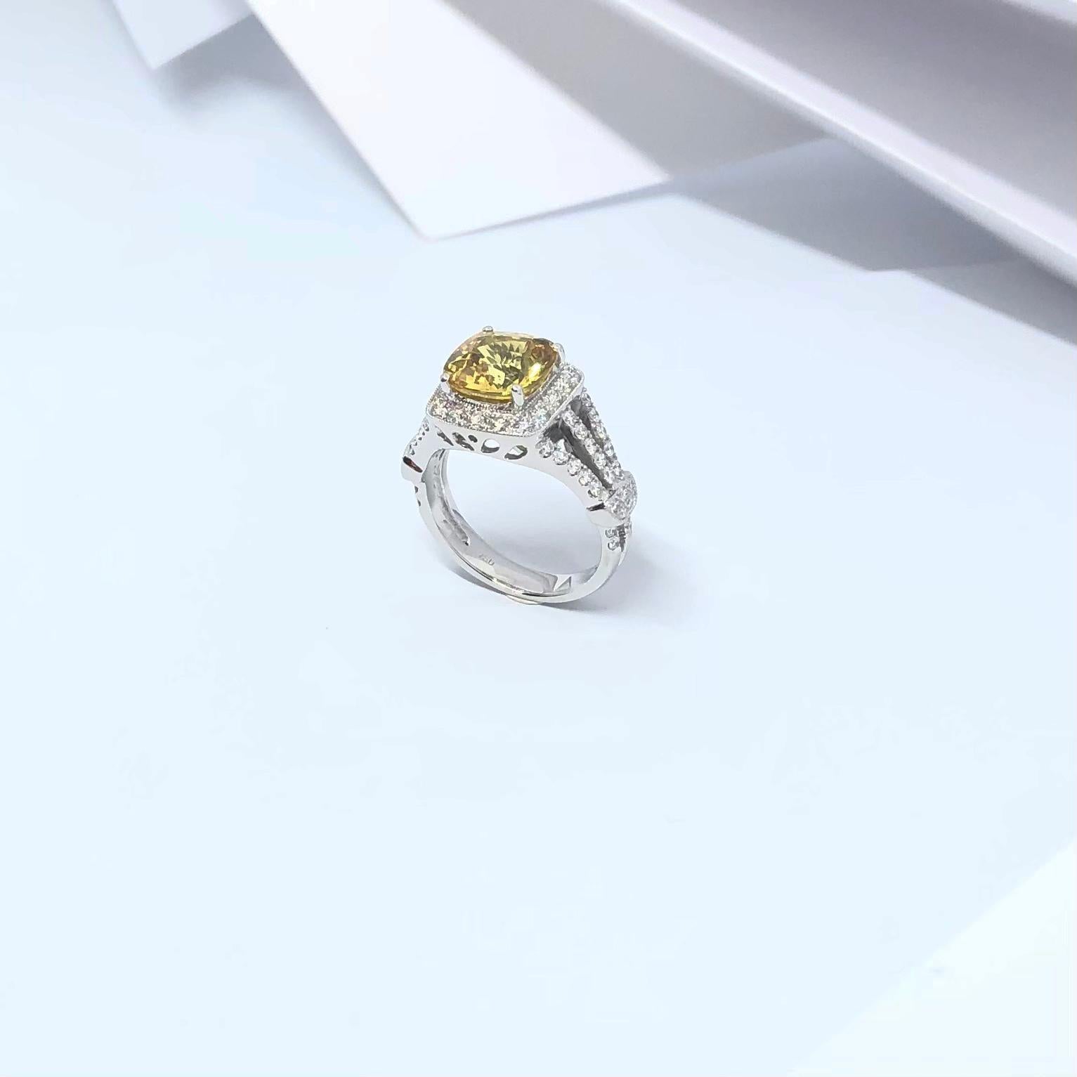 Yellow Sapphire with Diamond Ring Set in 18 Karat White Gold Settings For Sale 14