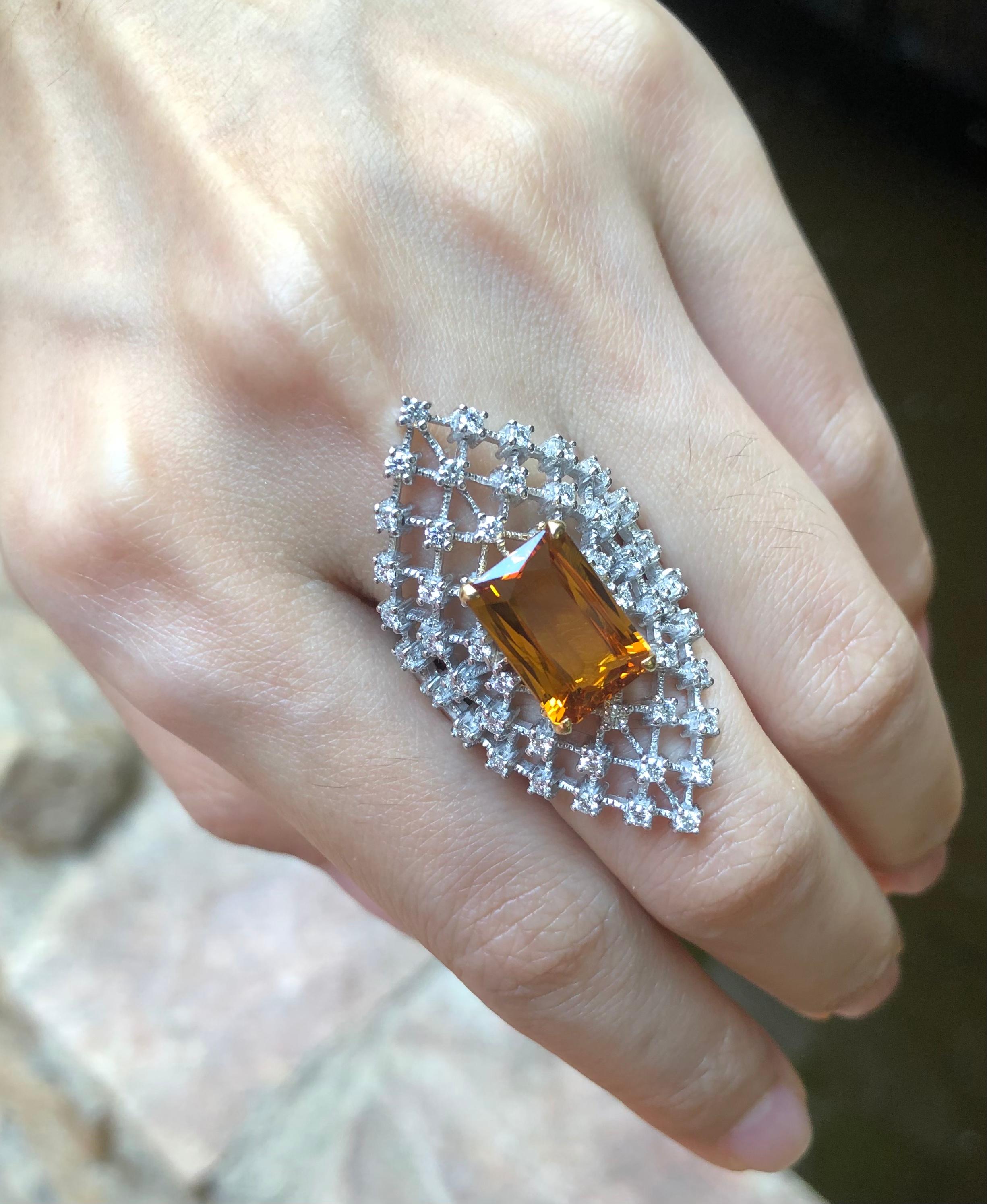 Contemporary Yellow Sapphire with Diamond Ring Set in 18 Karat White Gold Settings For Sale