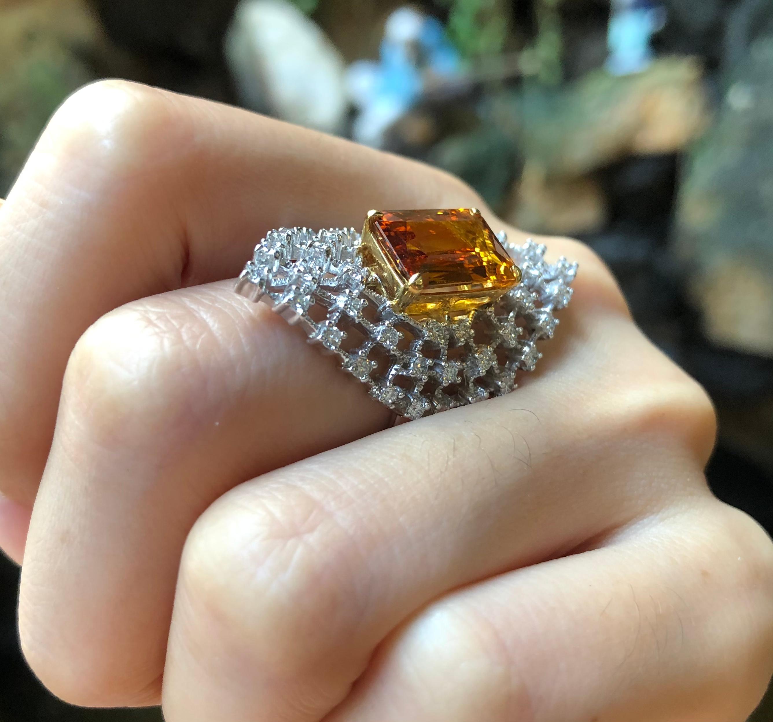 Emerald Cut Yellow Sapphire with Diamond Ring Set in 18 Karat White Gold Settings For Sale