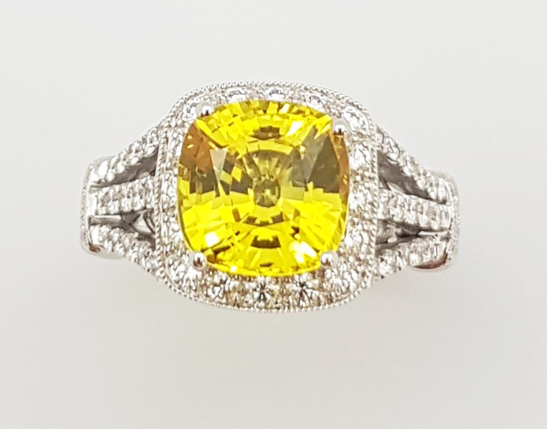 Yellow Sapphire with Diamond Ring Set in 18 Karat White Gold Settings For Sale 2