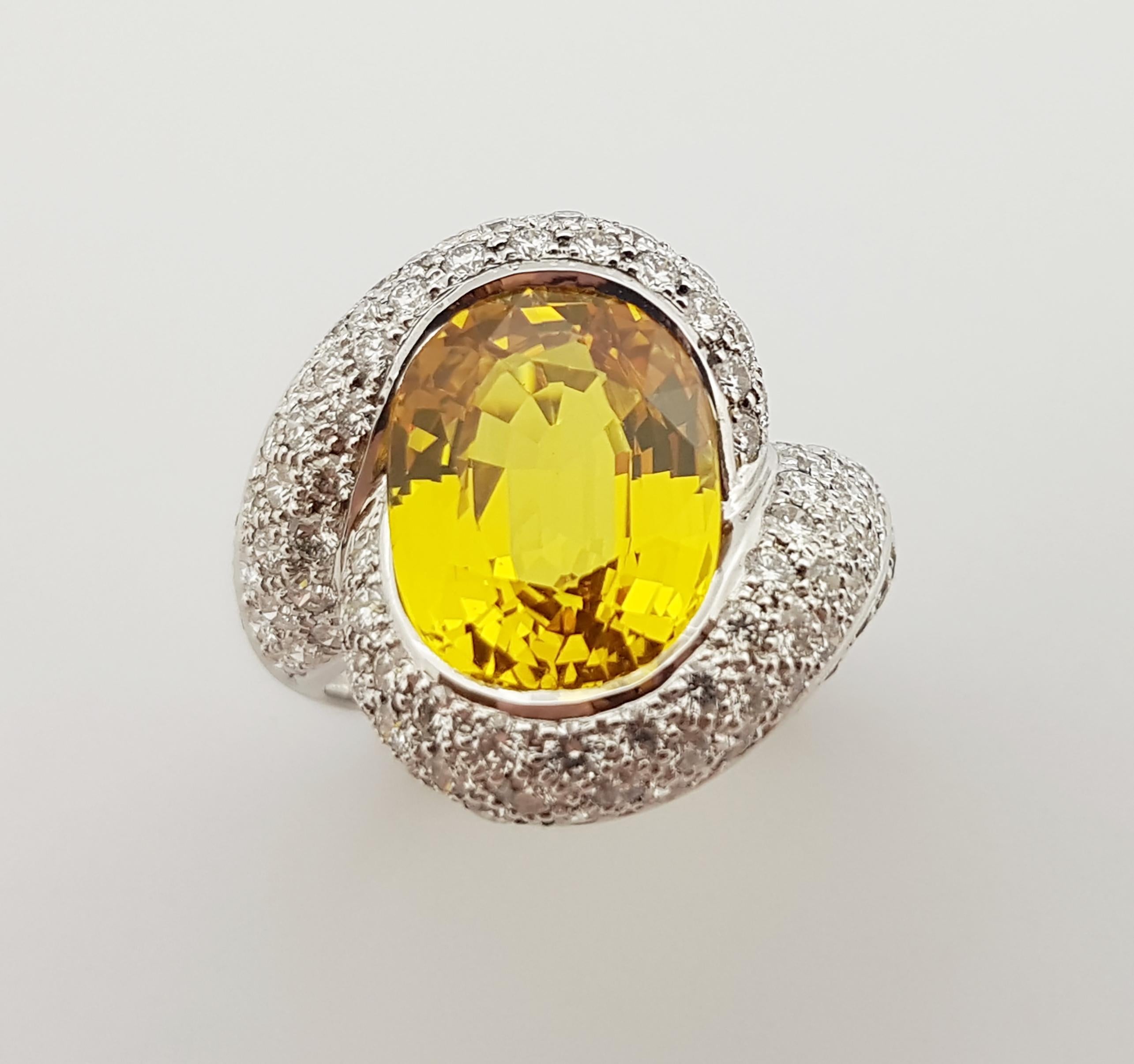 Yellow Sapphire with Diamond Ring Set in 18 Karat White Gold Settings For Sale 3