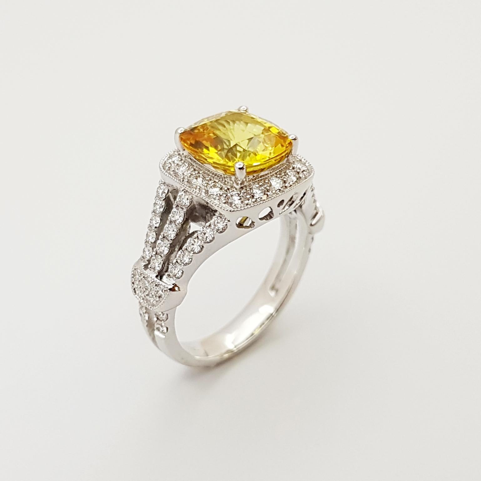 Yellow Sapphire with Diamond Ring Set in 18 Karat White Gold Settings For Sale 3