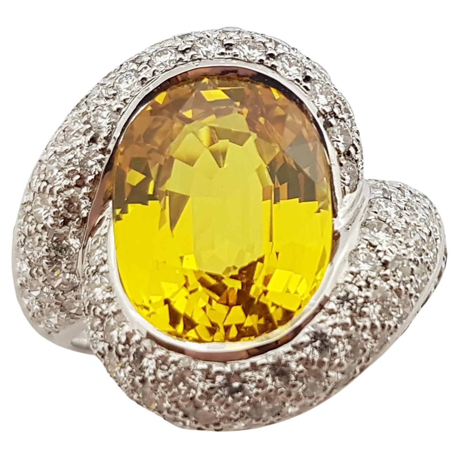 Yellow Sapphire with Diamond Ring Set in 18 Karat White Gold Settings