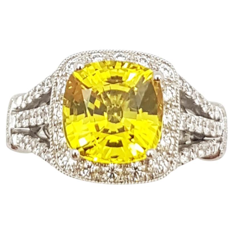 Yellow Sapphire with Diamond Ring Set in 18 Karat White Gold Settings For Sale