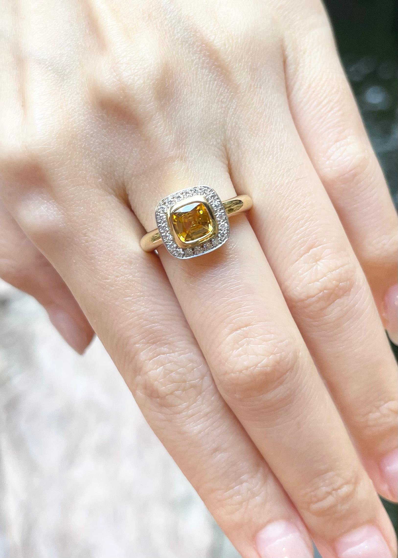 Cushion Cut Yellow Sapphire with Diamond Ring set in 18K Gold Setting For Sale