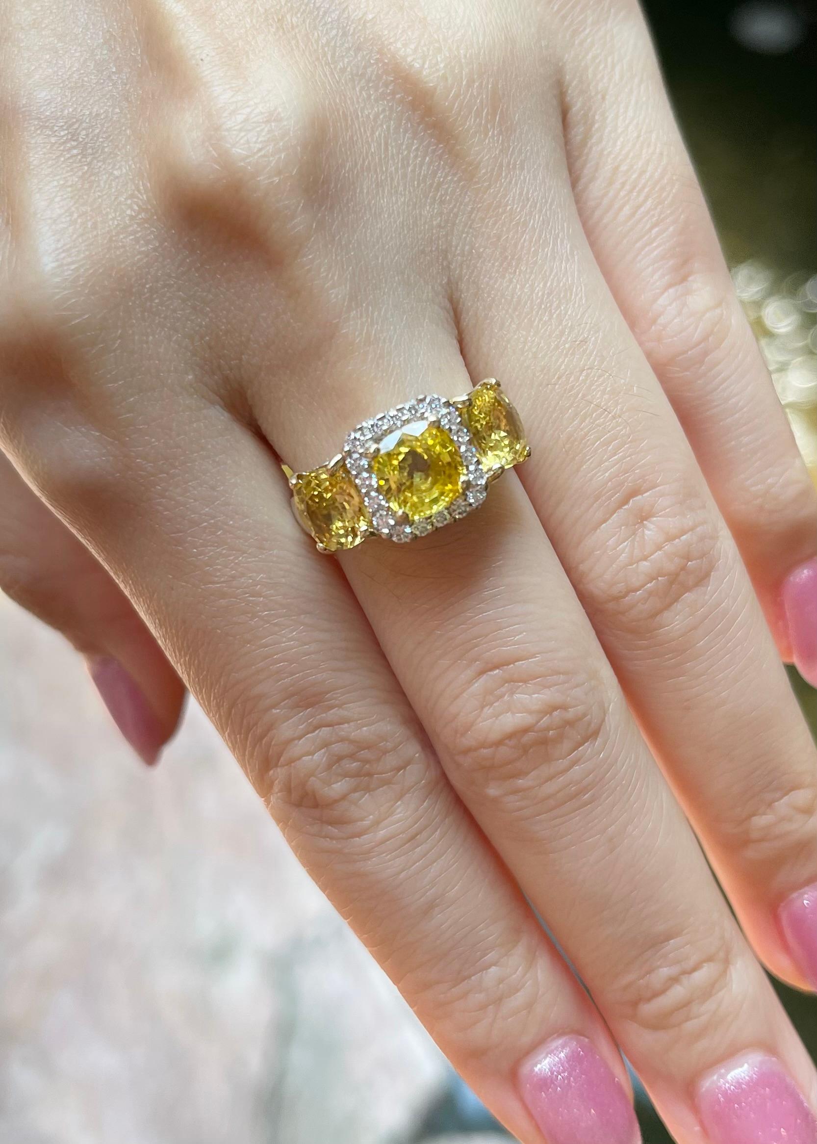Cushion Cut Yellow Sapphire with Diamond Ring set in 18K Gold Setting For Sale