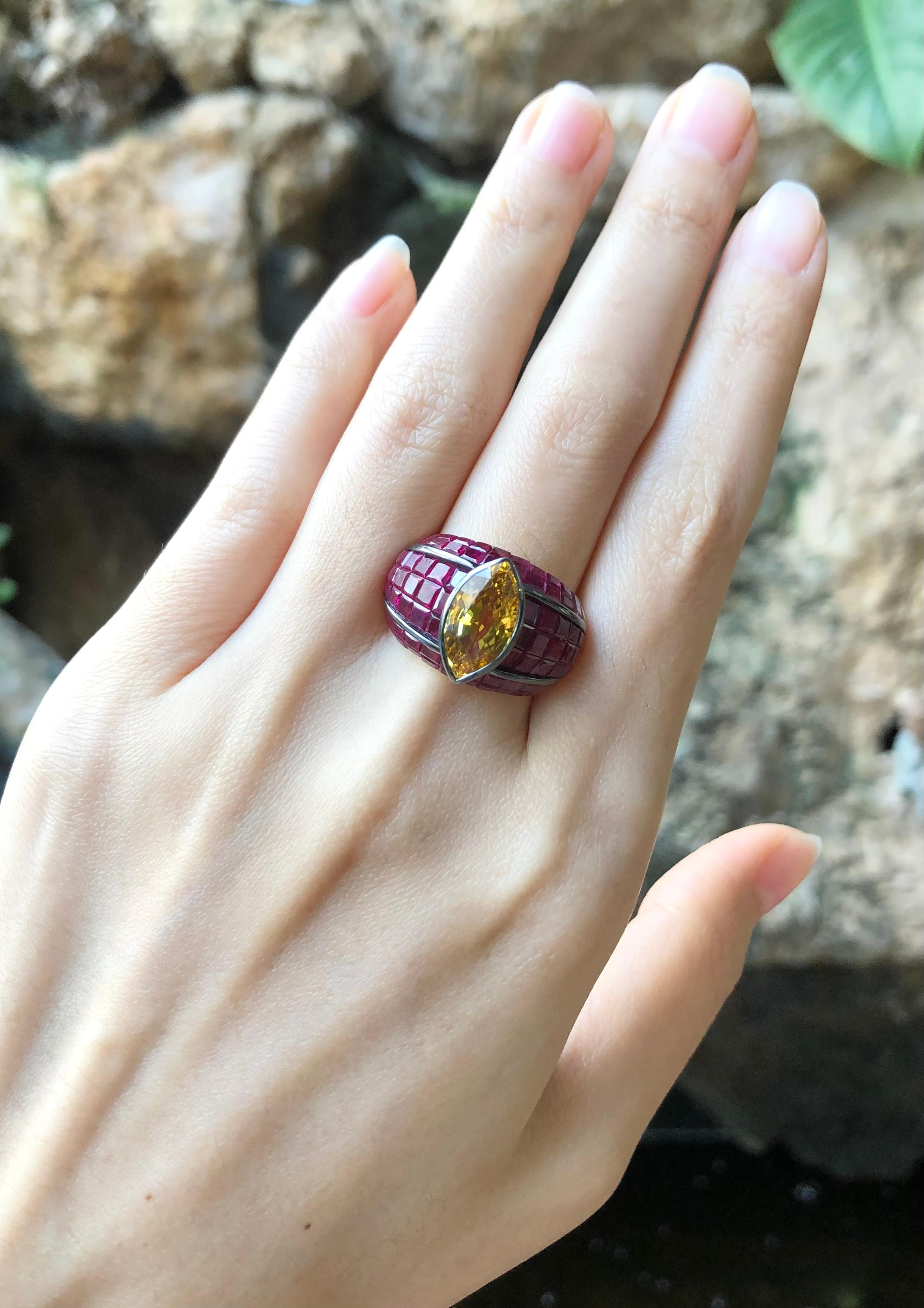 Yellow Sapphire 3.99 carats with Ruby 11.42 carats Ring set in 18 Karat Gold Settings

Width:  0.8 cm 
Length: 1.4 cm
Ring Size: 55
Total Weight: 15.28 grams


