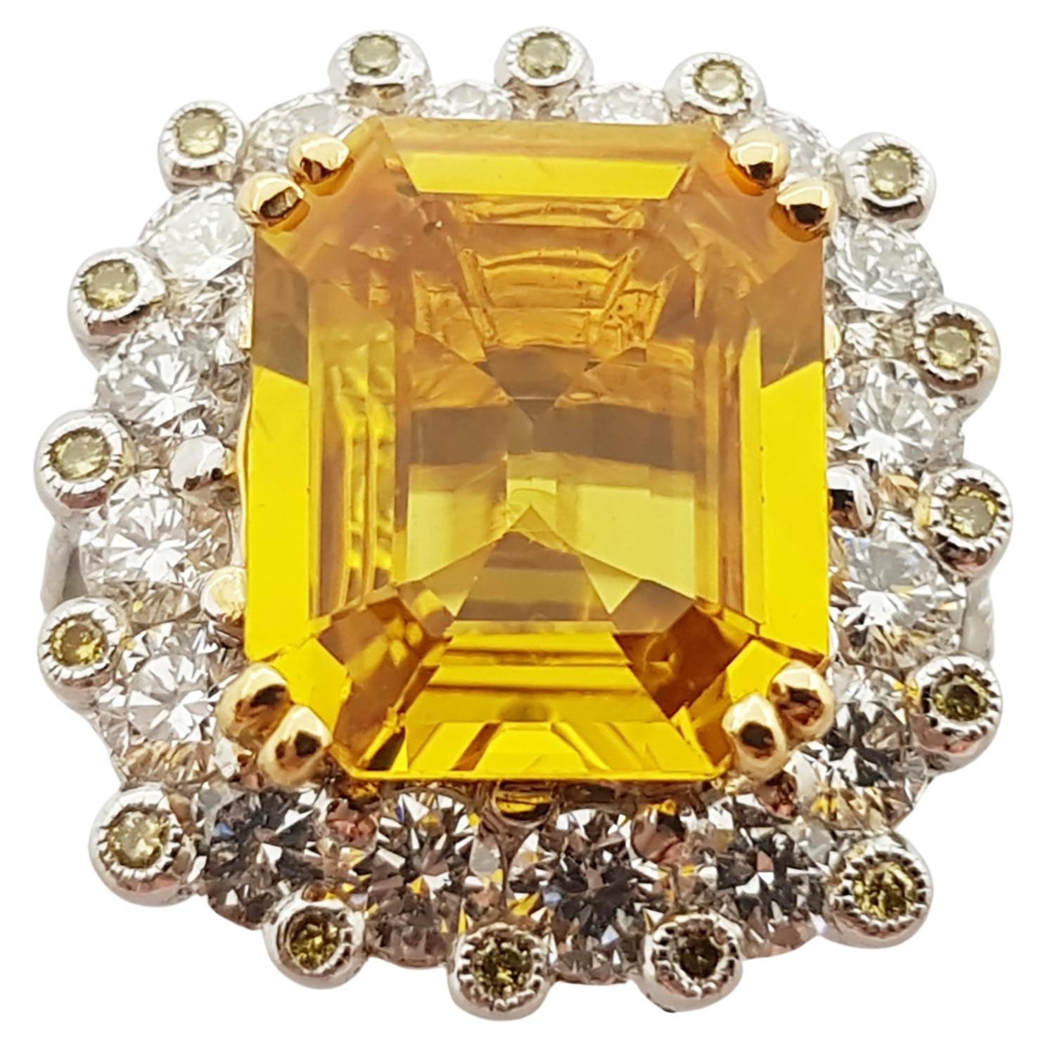 Yellow Sapphire with Yellow Diamond and Diamond Ring Set in 18 Karat White Gold