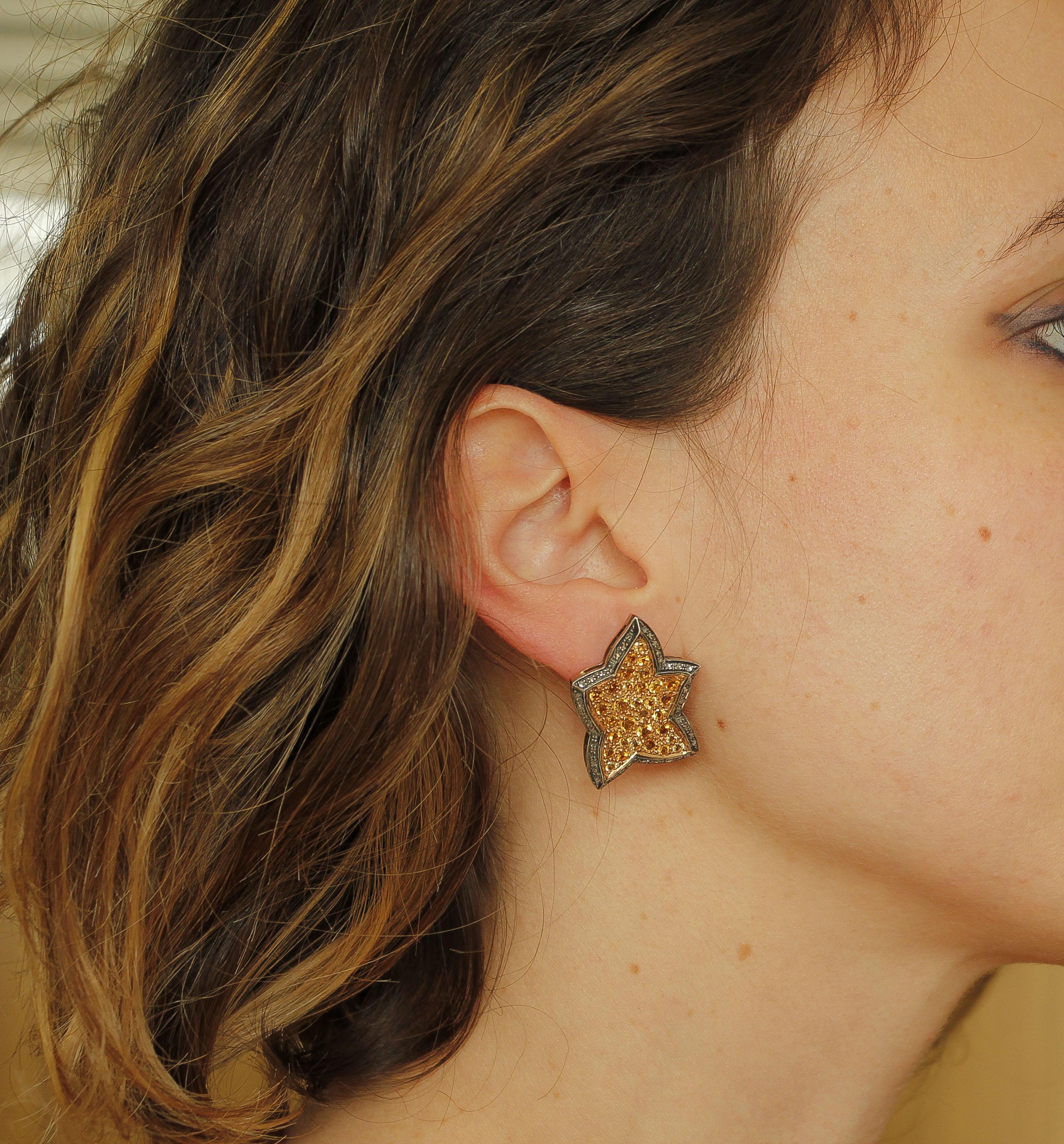 Women's Yellow Sapphires, Diamonds, 14 Karat Rose Gold and Silver Star Earrings