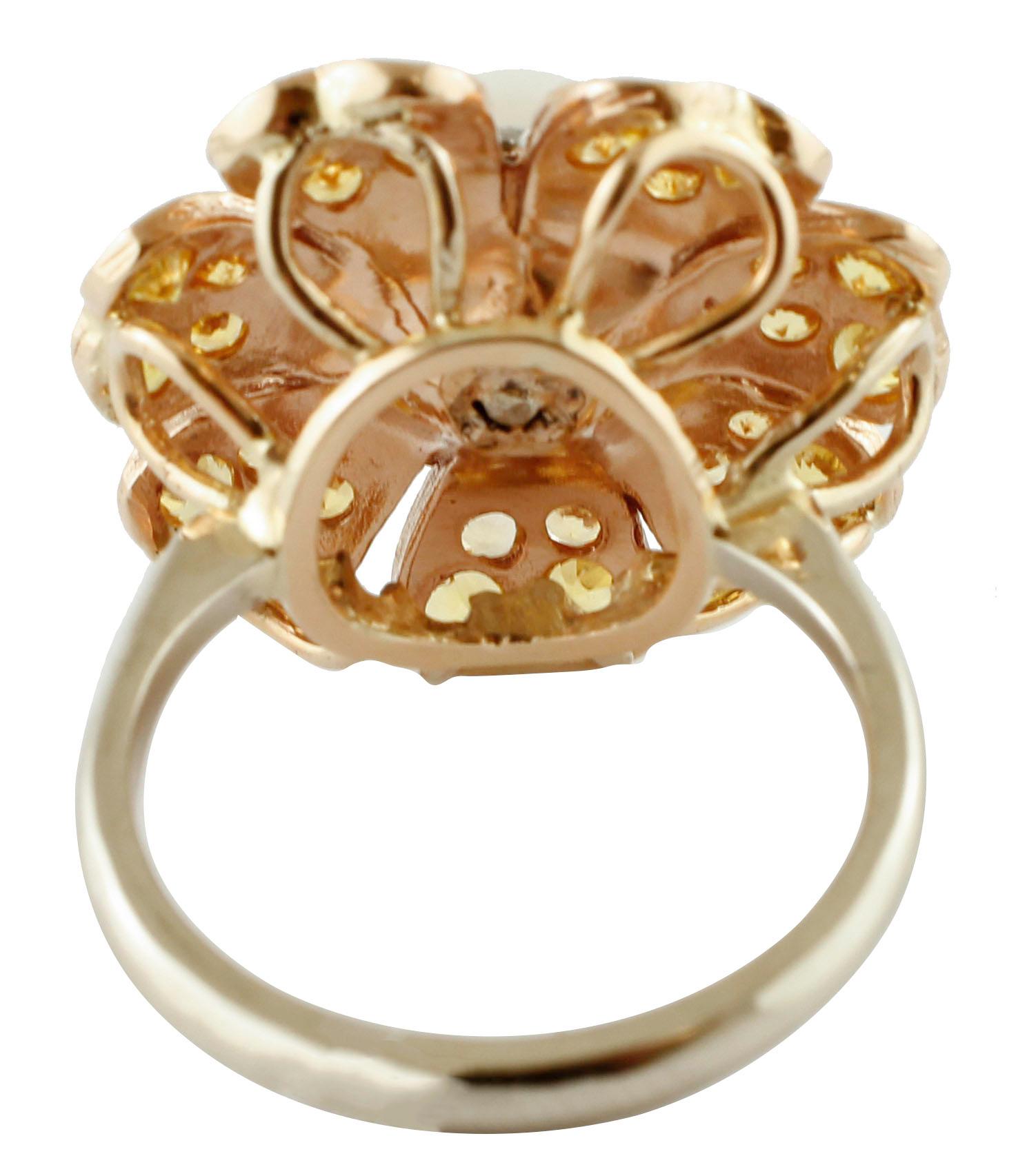 Retro Yellow Sapphires, Diamonds, Pearl, 14 Karat White Gold Flower Design Ring