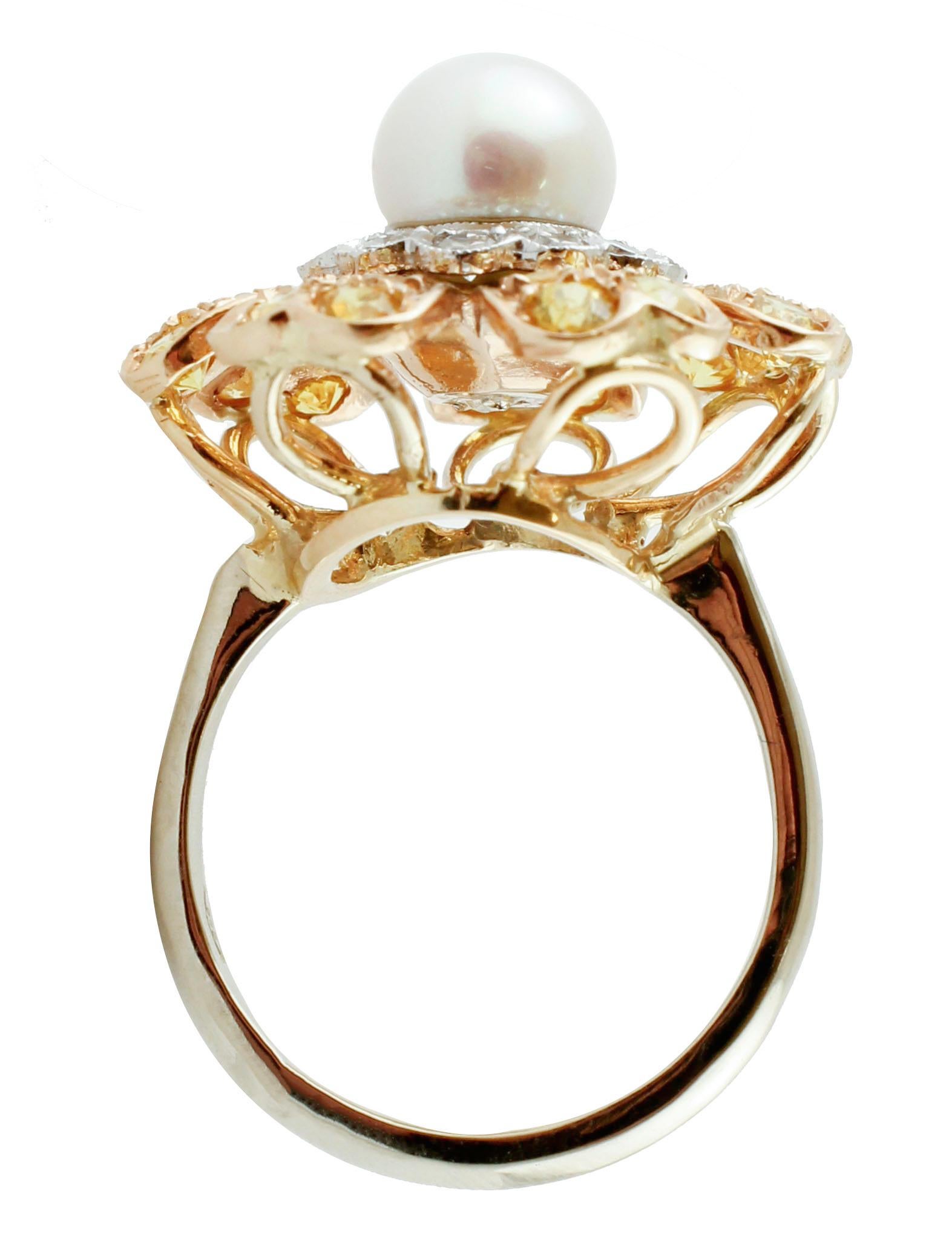Round Cut Yellow Sapphires, Diamonds, Pearl, 14 Karat White Gold Flower Design Ring