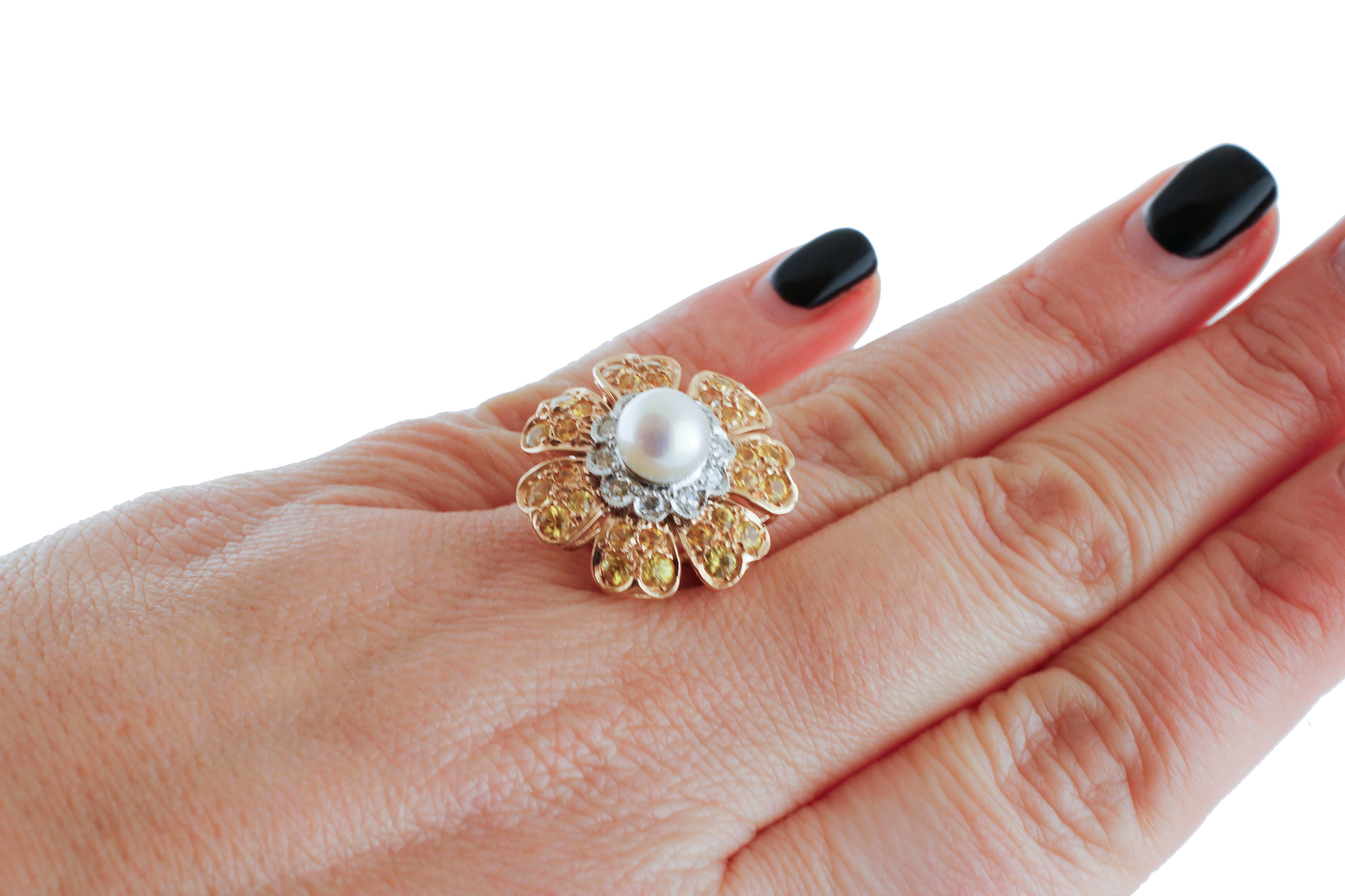 Women's or Men's Yellow Sapphires, Diamonds, Pearl, 14 Karat White Gold Flower Design Ring