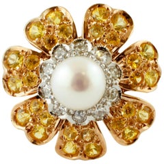Yellow Sapphires, Diamonds, Pearl, 14 Karat White Gold Flower Design Ring
