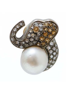 Yellow Sapphires, Diamonds, Pearls, 18 kt Rose Gold and Silver Earrings.