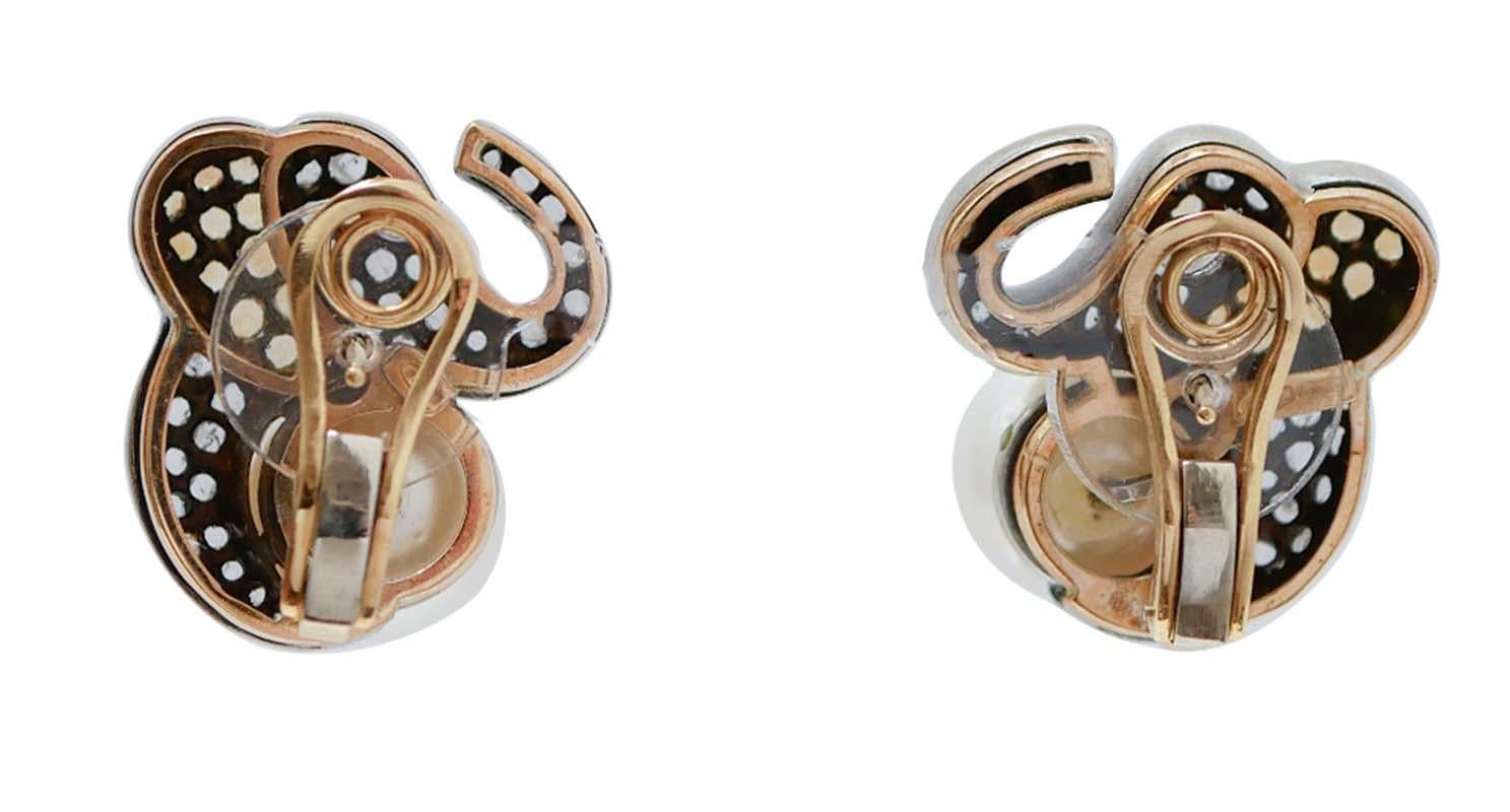 Retro Yellow Sapphires, Diamonds, Pearls, 18 kt Rose Gold and Silver Earrings. For Sale