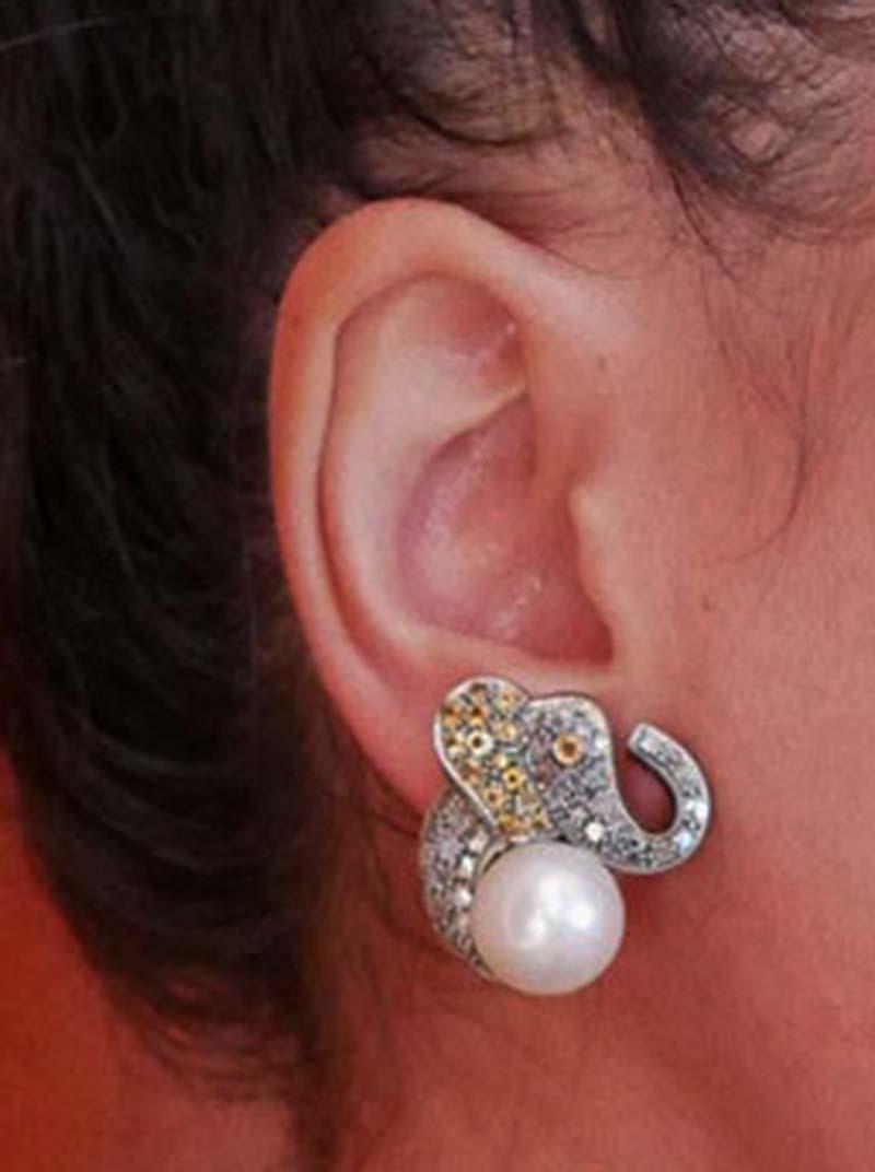 Yellow Sapphires, Diamonds, Pearls, 18 kt Rose Gold and Silver Earrings. In Good Condition For Sale In Marcianise, Marcianise (CE)