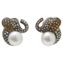 Pendientes de zafiros amarillos, diamantes, perlas, oro rosa de 18 kt y plata.