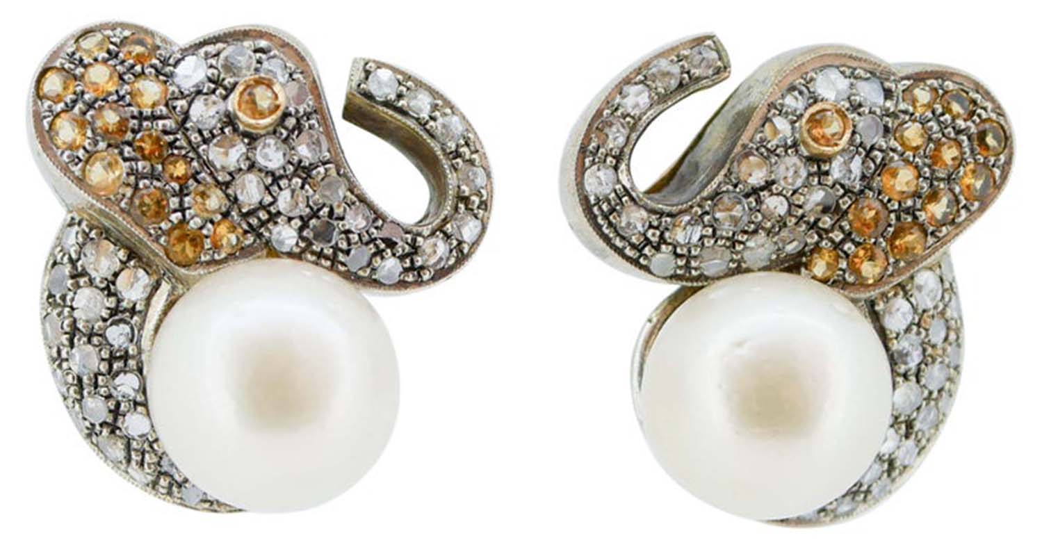 Yellow Sapphires, Diamonds, Pearls, 18 kt Rose Gold and Silver Earrings.