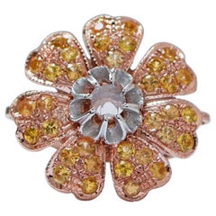 Yellow Sapphires, Diamonds, Rose Gold and Silver Flower Ring.