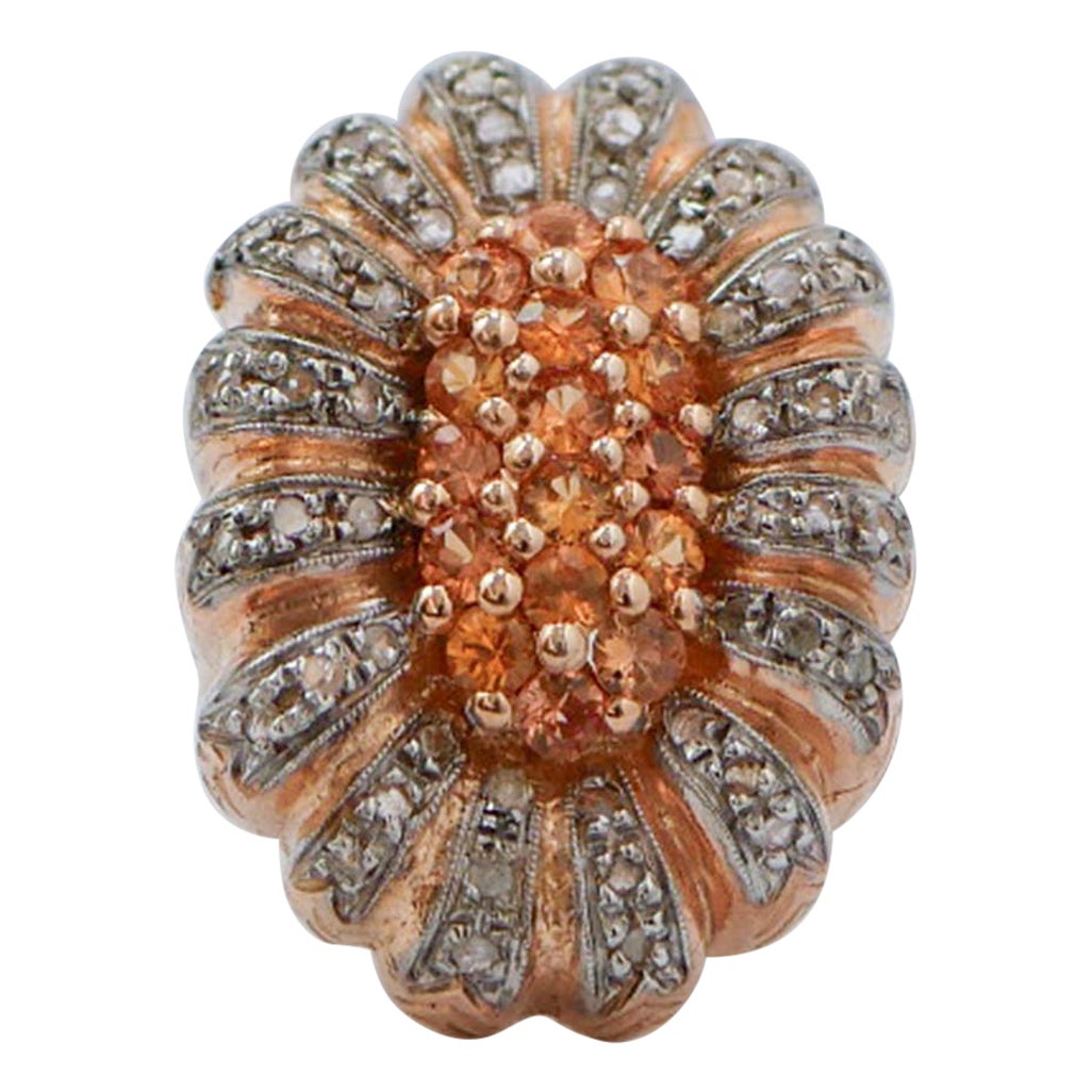 Yellow Sapphires, Diamonds, Rose Gold and Silver Ring. For Sale