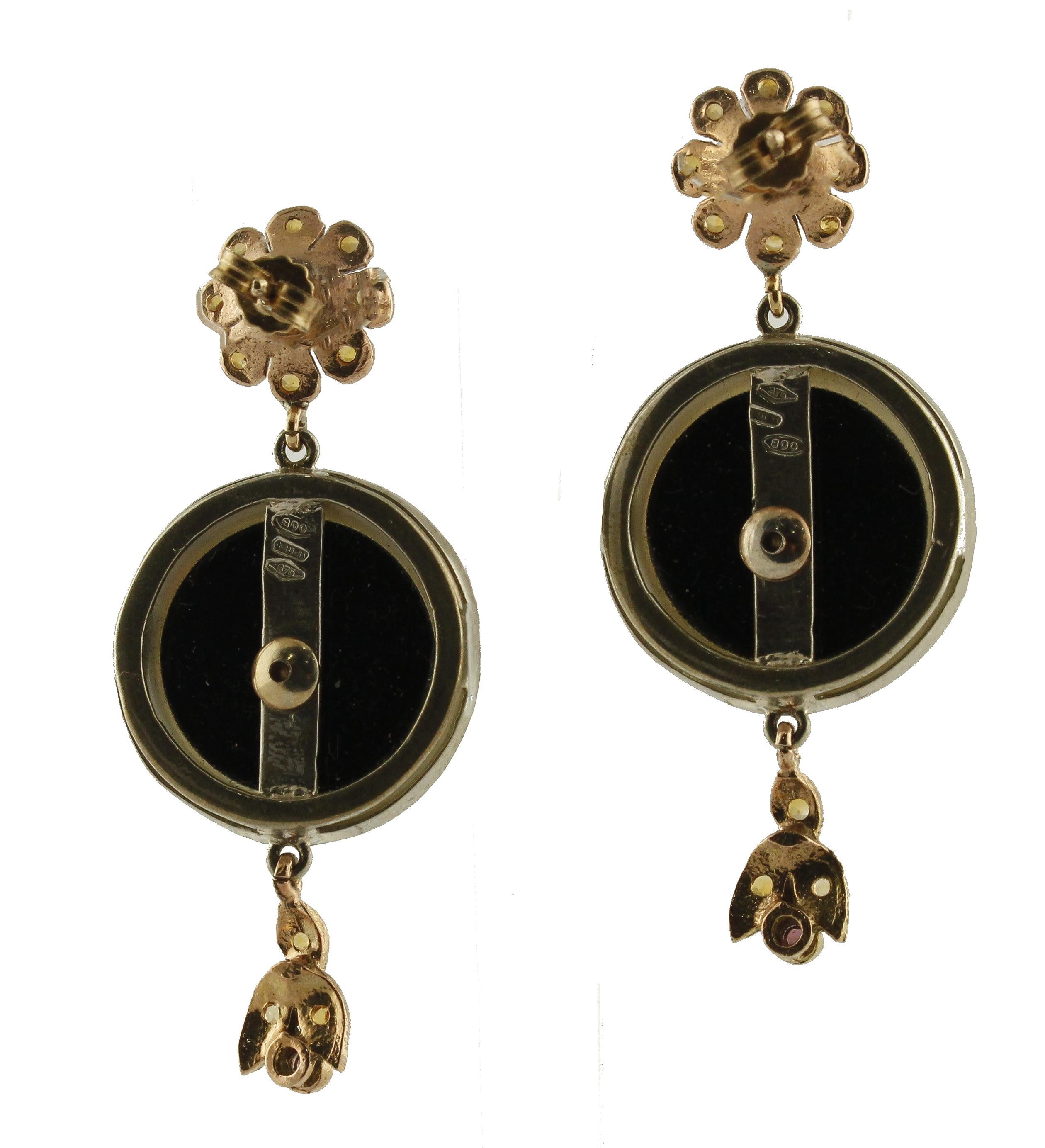 Retro Yellow Sapphires Garnets Onyx White Stones Rose Gold and Silver Earrings