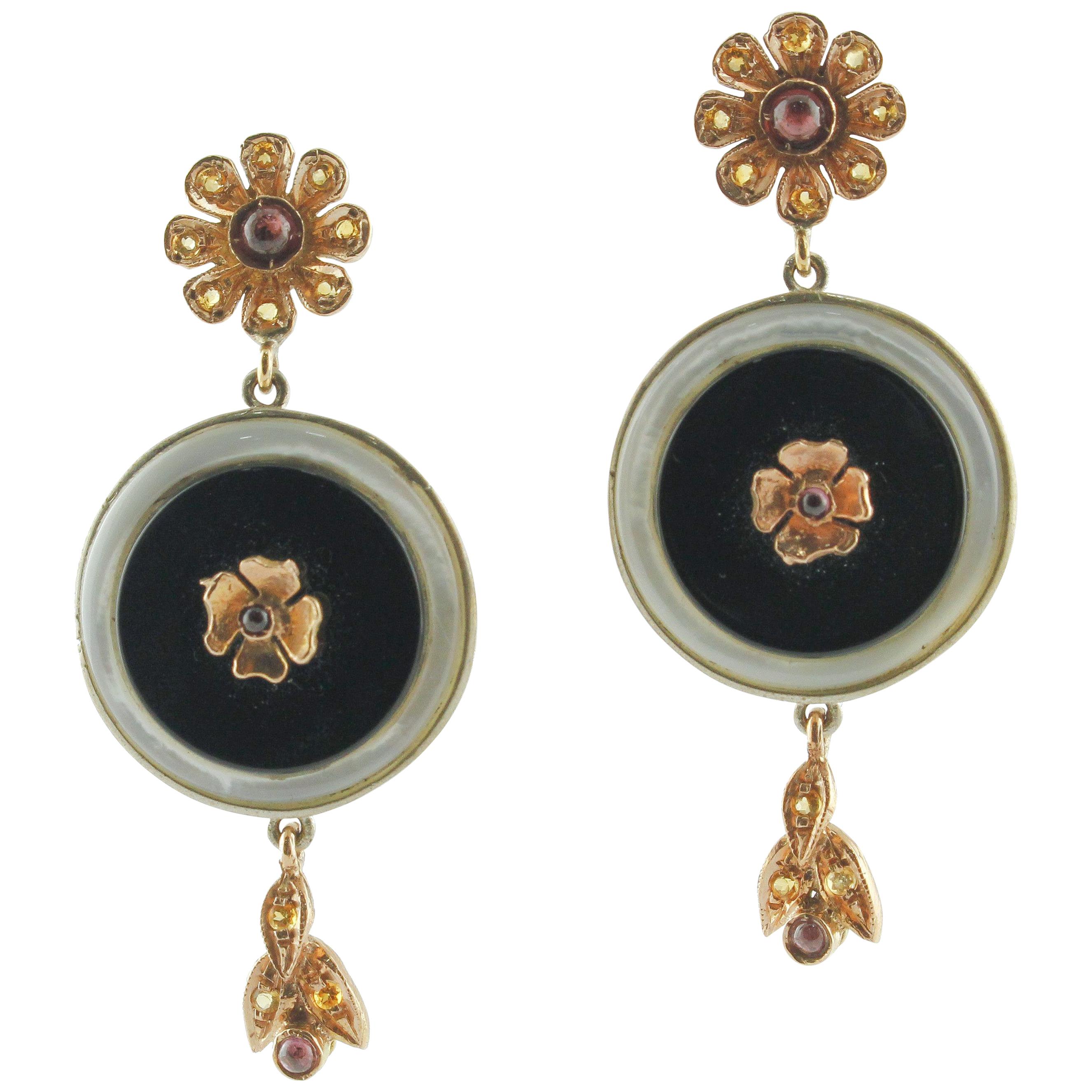 Yellow Sapphires Garnets Onyx White Stones Rose Gold and Silver Earrings